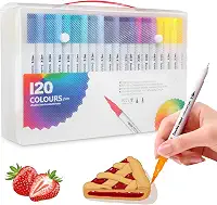 Kit com 120 Canetas Marcadoras de Ponta Dupla, Dupla Ponta (Pincel 1-4mm e Fina 0.4mm), Tinta à Base de Água - Ponta Pincel e Fina para Colorir Adultos, Lettering (Tamanho grande) (120)