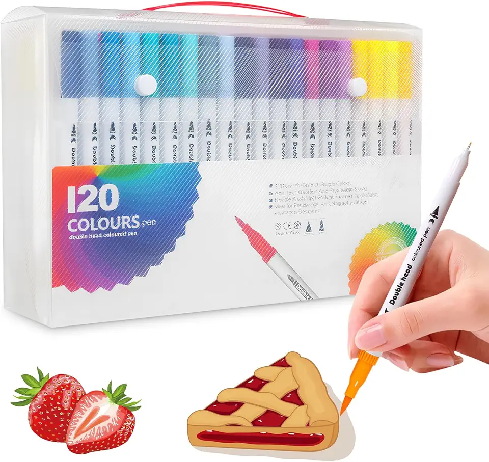 Kit com 120 Canetas Marcadoras de Ponta Dupla, Dupla Ponta (Pincel 1-4mm e Fina 0.4mm), Tinta à Base de Água - Ponta Pincel e Fina para Colorir Adultos, Lettering (120)