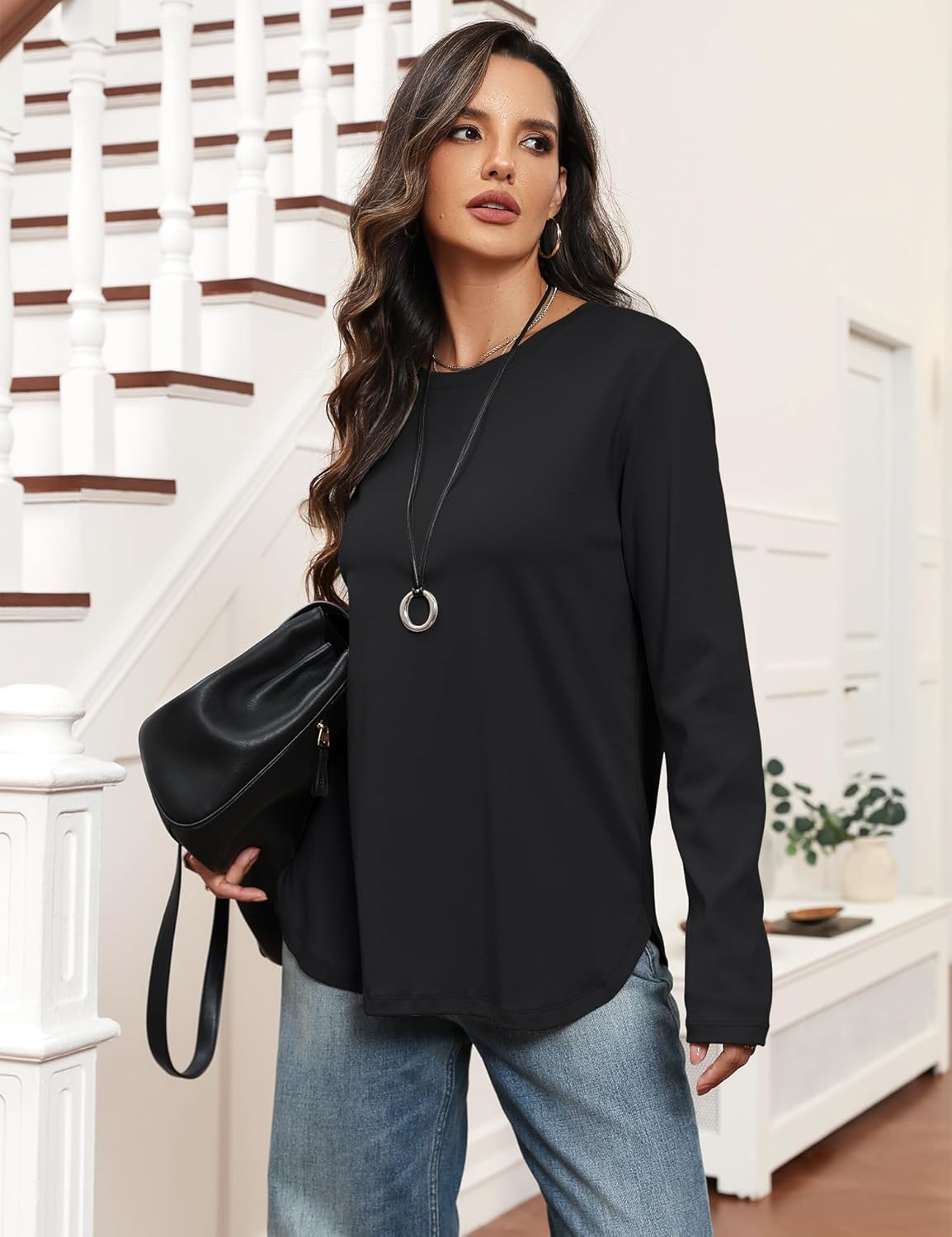 Womens Long Sleeve Stretchy Cotton Blend T-Shirts Tee Crew Neck Oversized Tunic Tops 2025 Trendy Casual - Image 2
