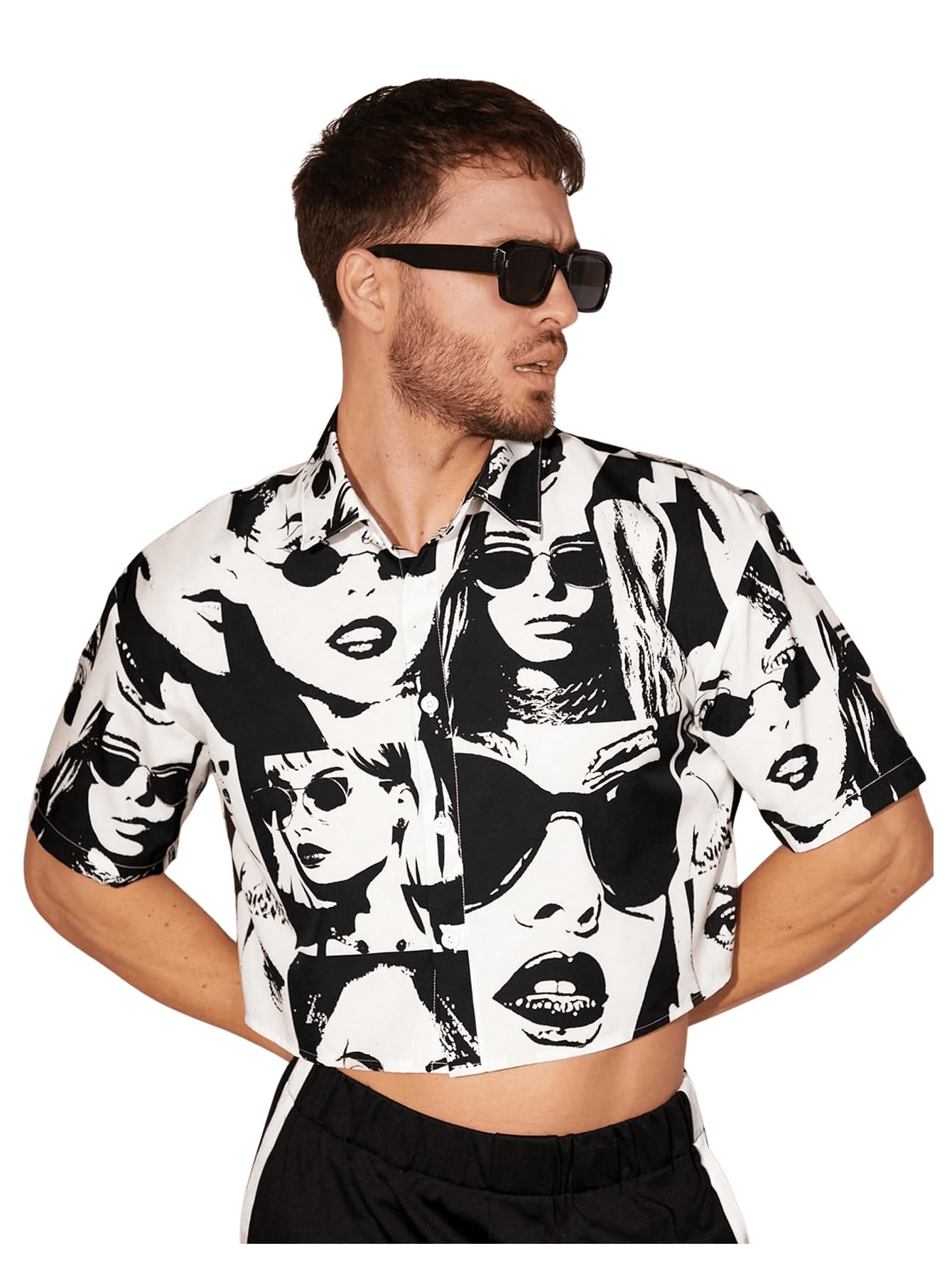 WDIRARA Men's Figure Graphic Shirt Short Sleeve Button Down Shirts Crop Top Streetwear