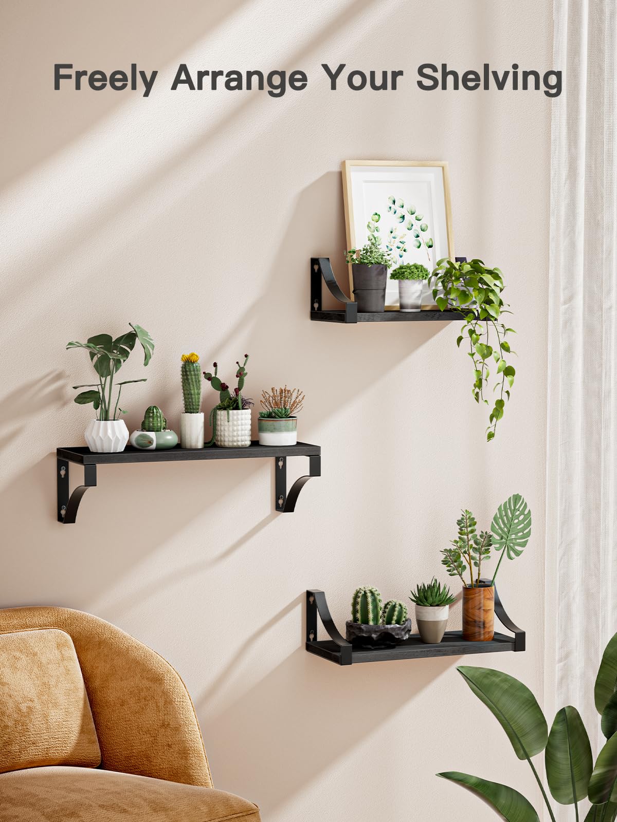 Pipishell Floating Shelves Wall Mounted Shelf, Paulownia Wood Wall Shelves, Wooden Shelves Set of 3 for Bedroom Bathroom - Image 2