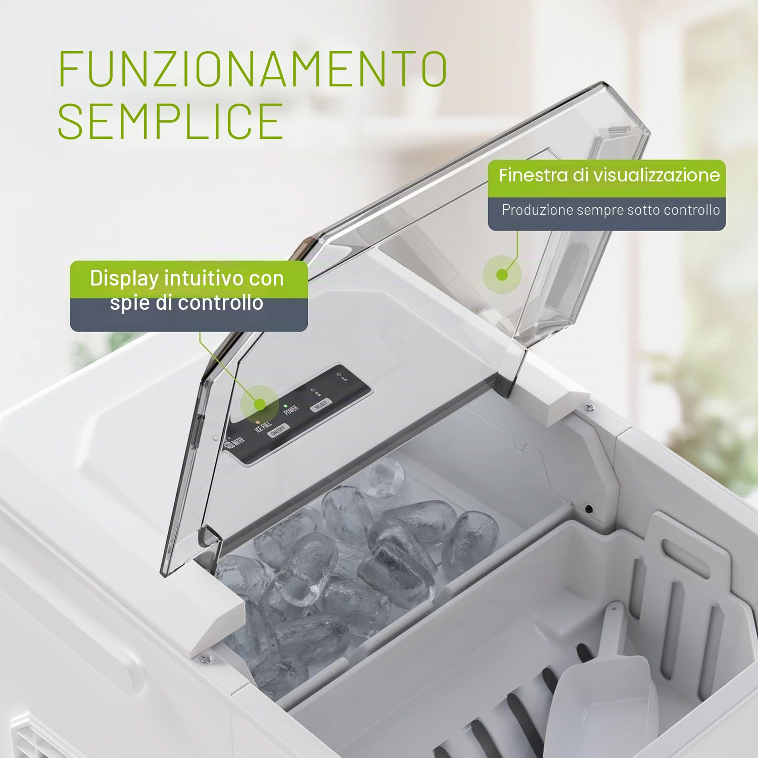 Juskys macchina del ghiaccio IceOracle – Cubetti di ghiaccio per cocktail in 6-13 minuti – Mini macchina del ghiaccio da 12 kg/giorno – Contenitore grande – Bianco