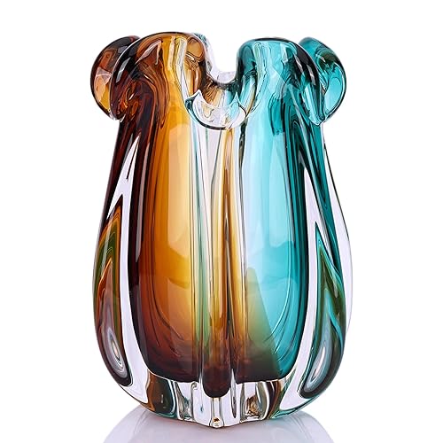 Hand Blown Glass Vase, Murano-Style Colorful Art Glass Centerpiece, Heavy