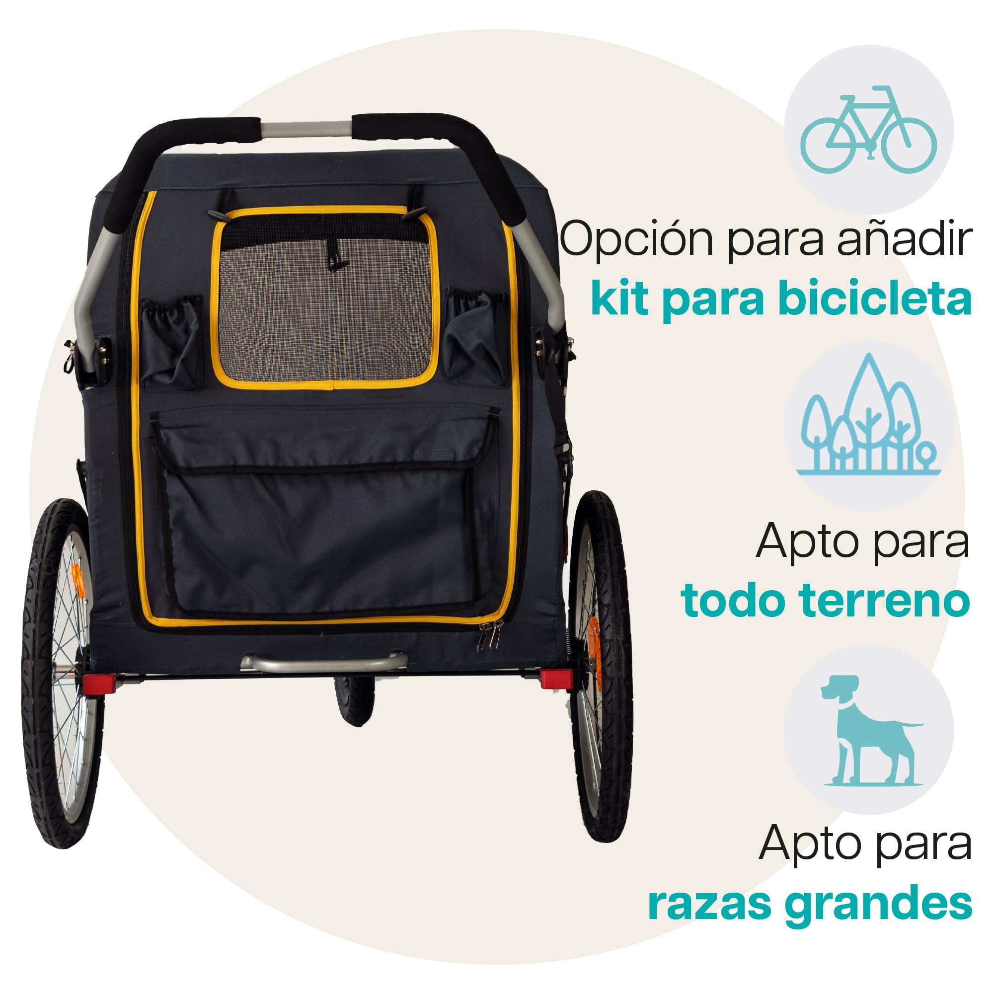 Innopet Hercules 2.0 Carrito para Perros Grandes (hasta 50 kg) - Amarillo/Gris. Incluye protector de lluvia, ruedas de 45 cm y montaje fácil sin herramientas
