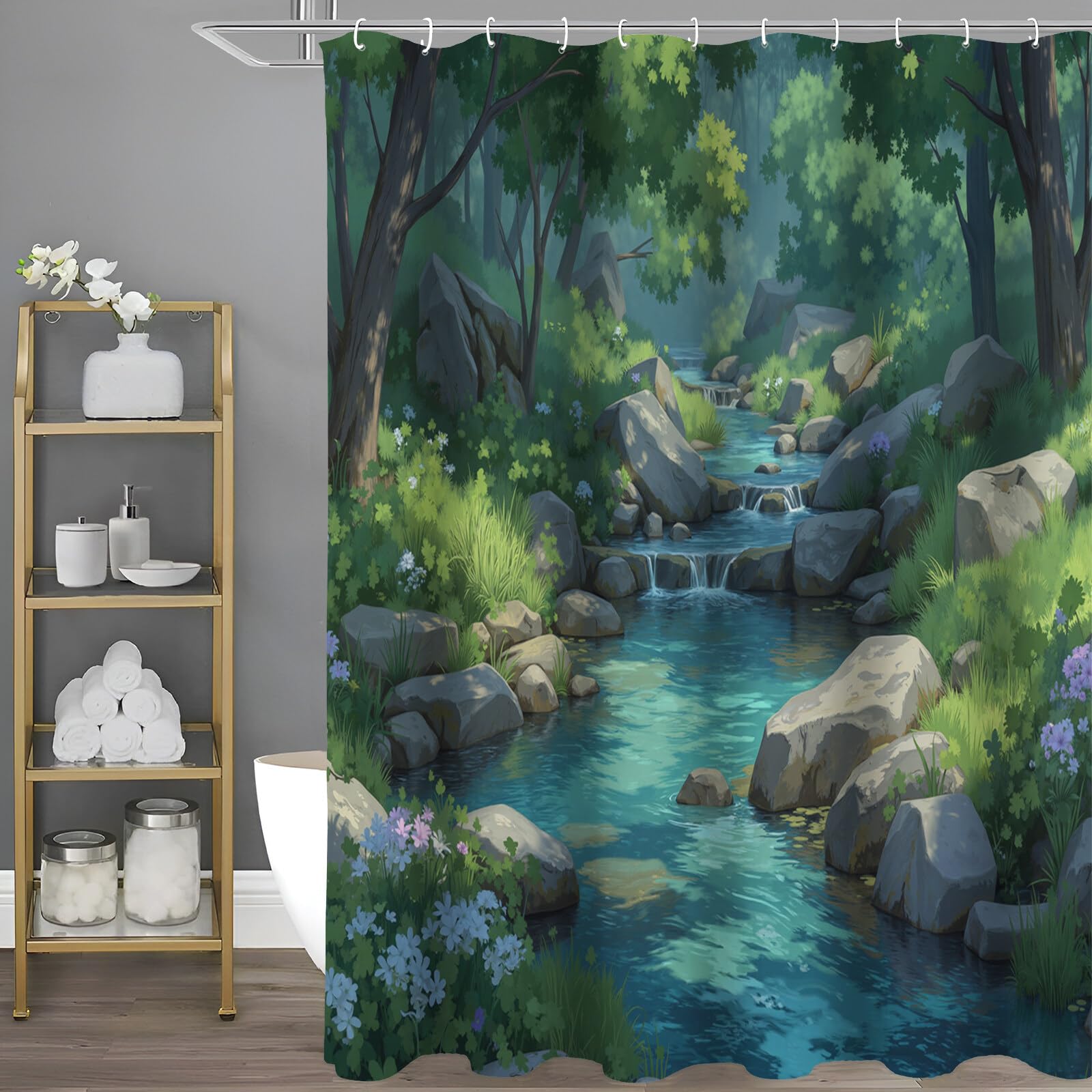 Rideau Douche,Rideau Baignoire Lavable en Machine Rideaux Douche Tissus Lavable Rideau De Baignoire Lavable pour Salle De Bain Domicile Baignoire Famille,Ruisseau Rocheux,