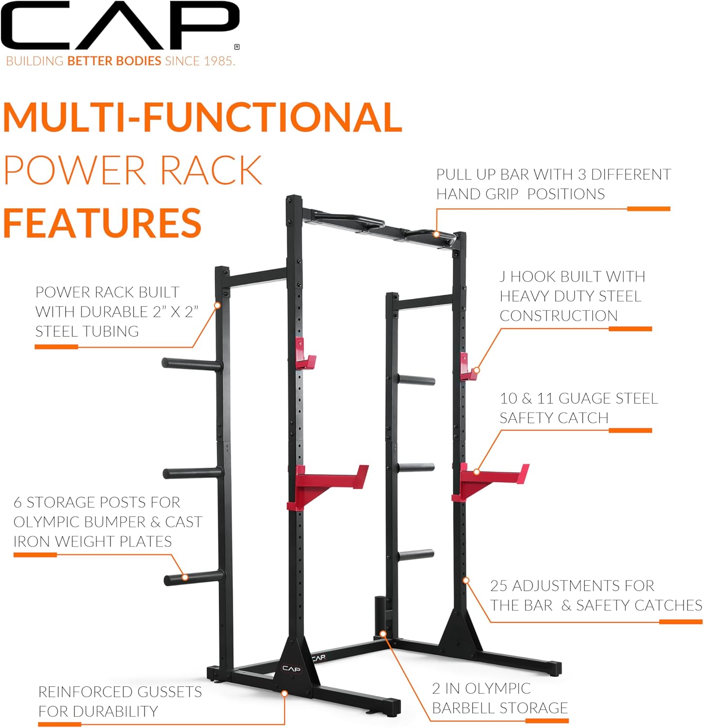 Cap Barbell Power Rack with Pull Up Bar & Attachments - Multiple Colors