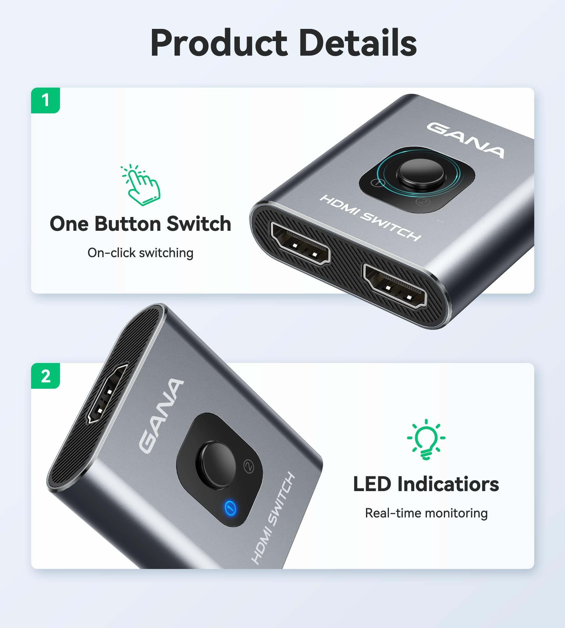 GANA Przełącznik HDMI 4K 60Hz - dwukierunkowy przełącznik aluminiowy 2 wejścia 1 wyjście/1 wejście 2 wyjścia - Plug & Play, kompatybilny z PS 5/4, serii X/S, PC (bez jednoczesnego wyświetlania)
