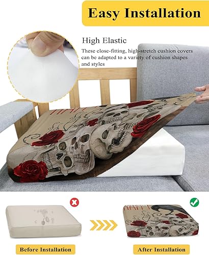 Miniatura 5 de Happy Halloween Couch Cushion Covers, Stretch Sofa Cover with Elastic Bottom, Farmhouse Skeleton Crow Red Roses Floral Sofa Slipcovers Protector