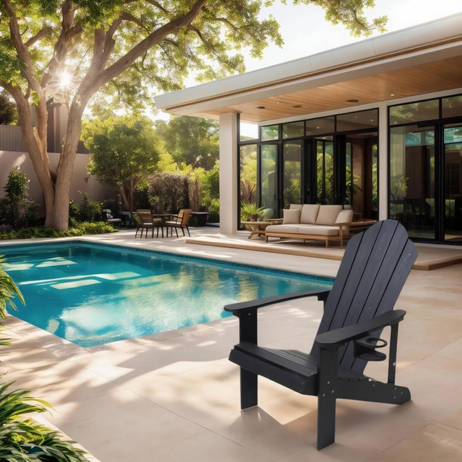 Adirondack Chair，All-Weather Can Used Patio Chair with Cup Holder，Sturdy Outdoor Lawn Chair，Easy Clean Surface and Anti-Tip Safety Features,Black