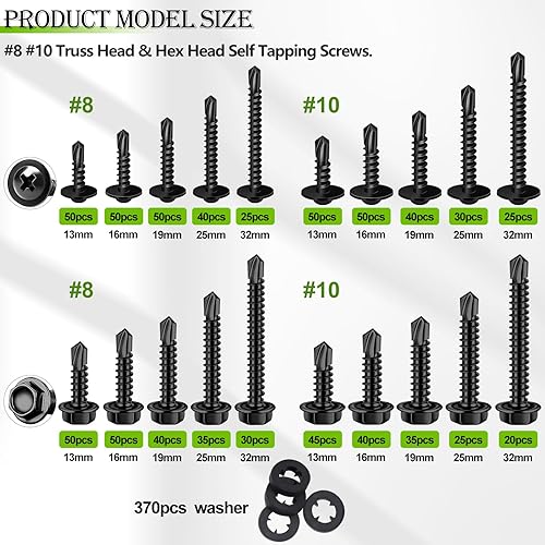 Miniatura 2 de mxuteuk 1170 tornillos autorroscantes #8#10 para metal, 410 tornillos autoperforantes de acero inoxidable, cabeza de armadura y cabeza hexagonal de