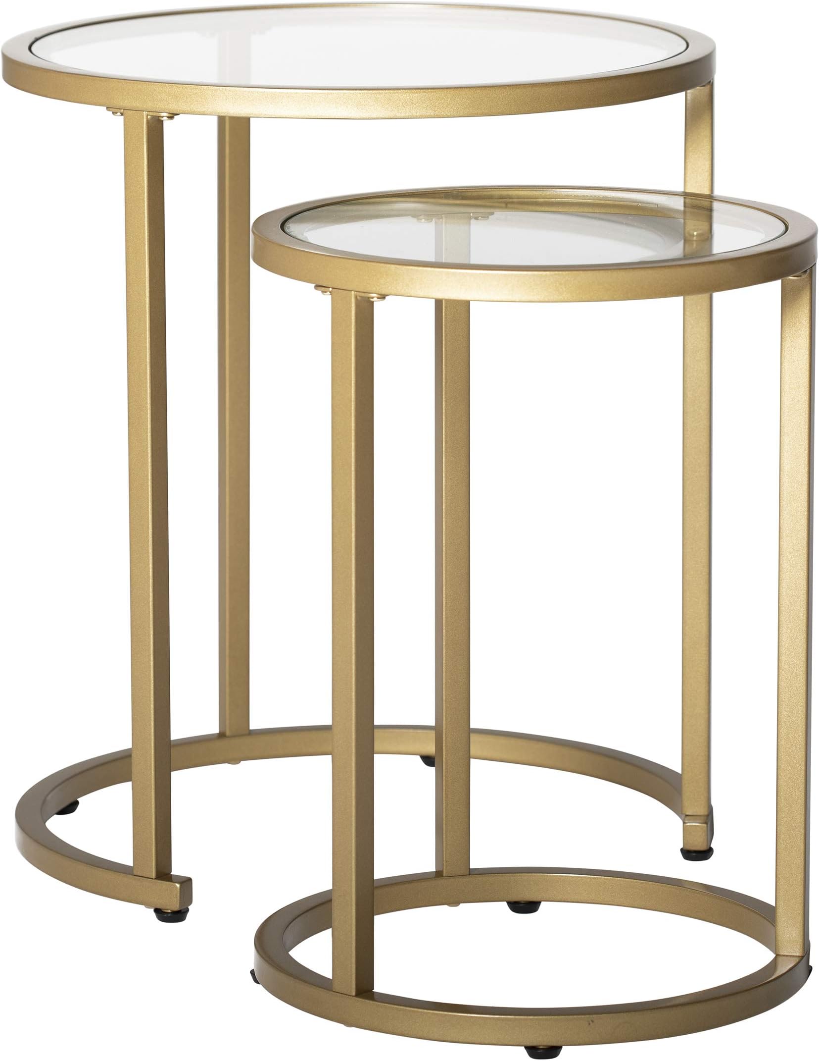 Studio Designs Home Camber Modern 20" and 14.5" Round Set of Nesting Tables in Gold/Clear Glass