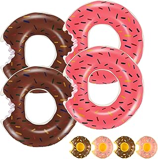 Tounature 4 Pieces Summer Donut Pool Floats Swim Rings Donut Tube Pink Brown Inflatable Donut Pool Floaties and 4 Pieces Inflatable Drink Holder Drink Floats Inflatable Cup Coasters,Summer Party Favor
