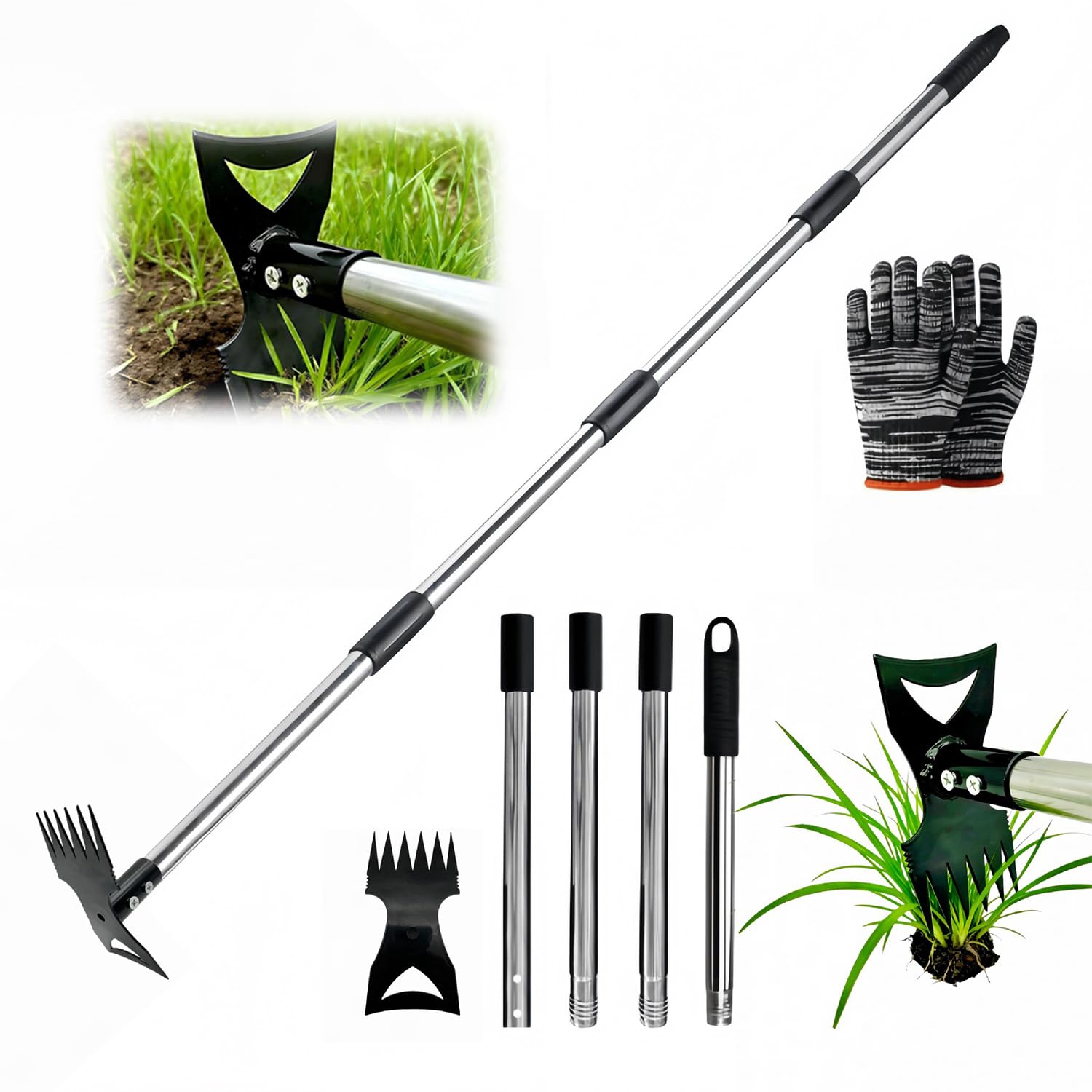 Weed Remover Tool Long Handle 58 in, 2-in-1 Gardening Hand Tools Weeds Remover, Weeder Rake & Garden Hoe Combo, Heavy Duty Weed Control Weeders Picker for Yard Lawn Patio Garden