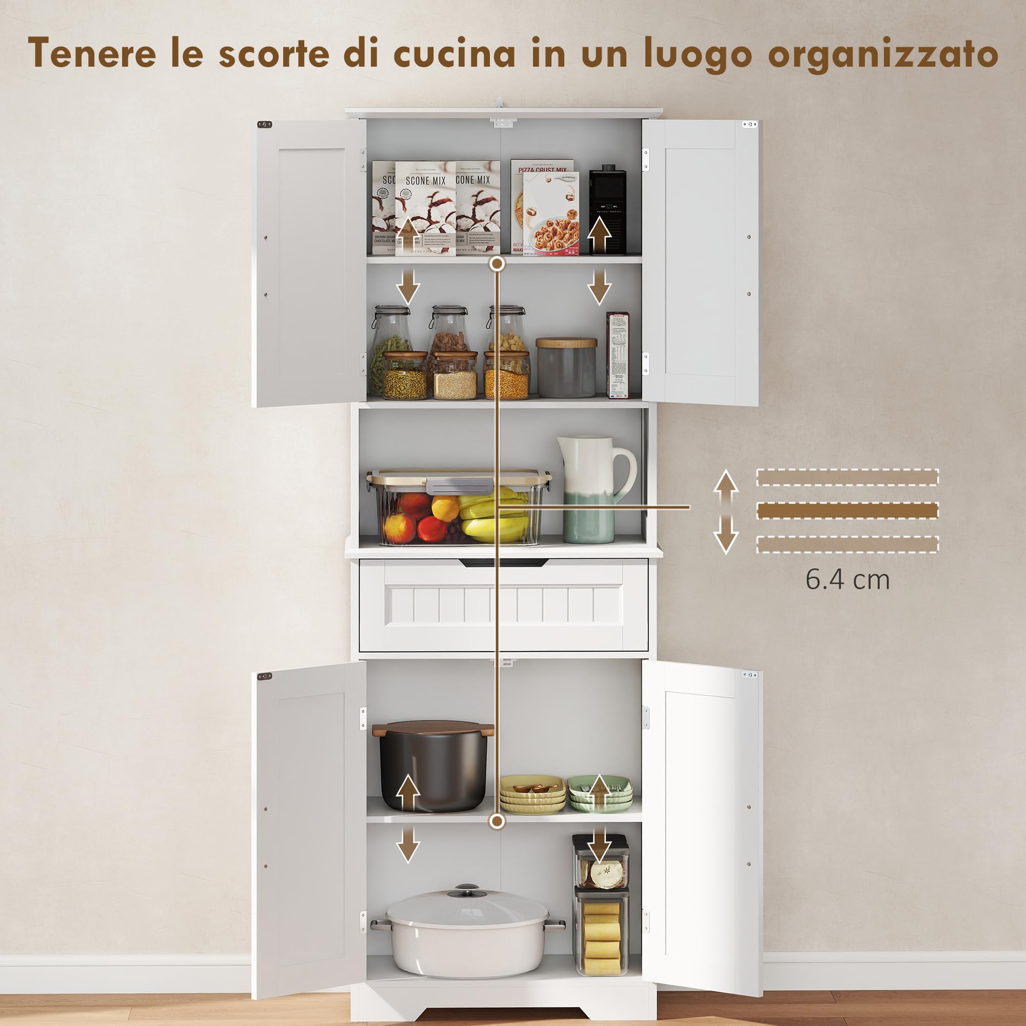 HOMCOM Credenza Cucina Alta, Mobile Dispensa con Foro Passacavi e Piano Portamicroonde, Mobile Cucina con 2 Armadietti, Cassetto, Ripiani Regolabili, per Sala da Pranzo, Soggiorno, 60x30x172cm, Bianco