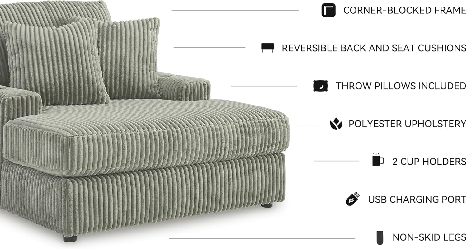 Signature Design by Ashley Lindyn Contemporary Chaise with USB Charging Ports, 2 Cup Holders and Throw Pillows, Gray