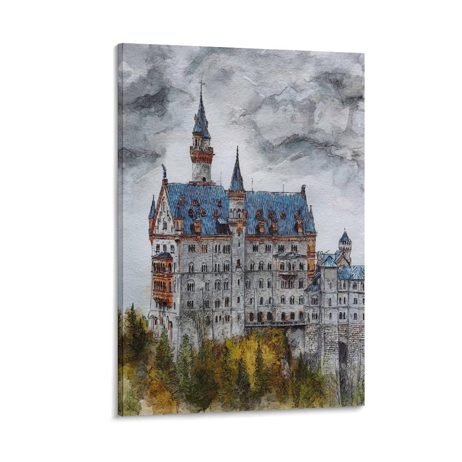 Cnaheiz Frame-Style Schwangau Neuschwanstein 24X36inch(60X90cm) Vintage Travel Poster Watercolor Canvas Art