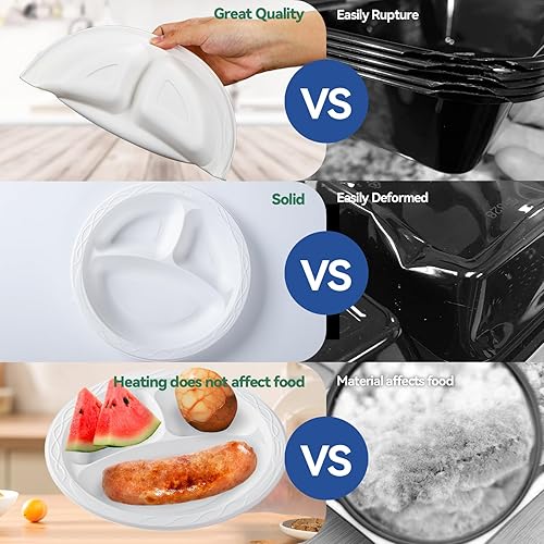 Miniatura 4 de EKOSAVOR Platos de plástico, 3 compartimentos, paquete de 150 platos reutilizables de 9 pulgadas, sin BPA, platos irrompibles, platos para fiestas,