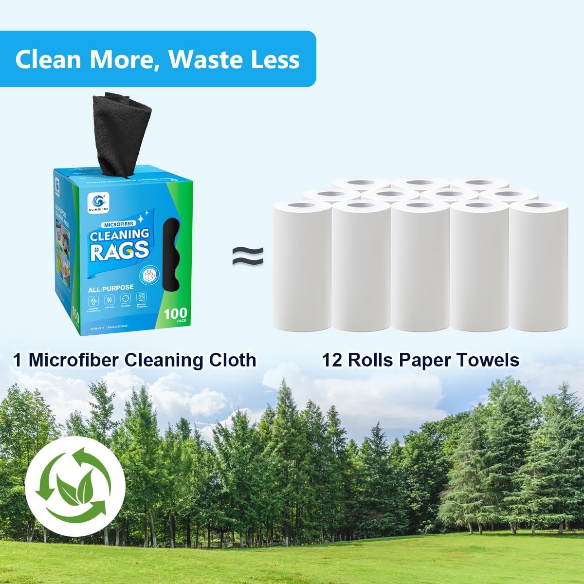 GLIMGLINT Black Microfiber Cleaning Cloth, 100 Pack Cleaning Rags, Lint-Free, Ultra Absorbent Reusable Paper Towels for Home, Kitchen, Car, Garage or Shop, Dish Rags, 11" x 9"