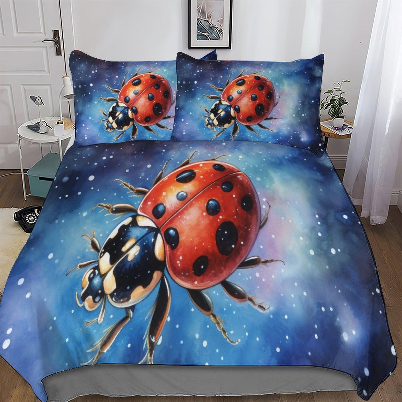 Housse de couette avec fermeture éclair motif coccinelle parure de lit king 3 pièces douce