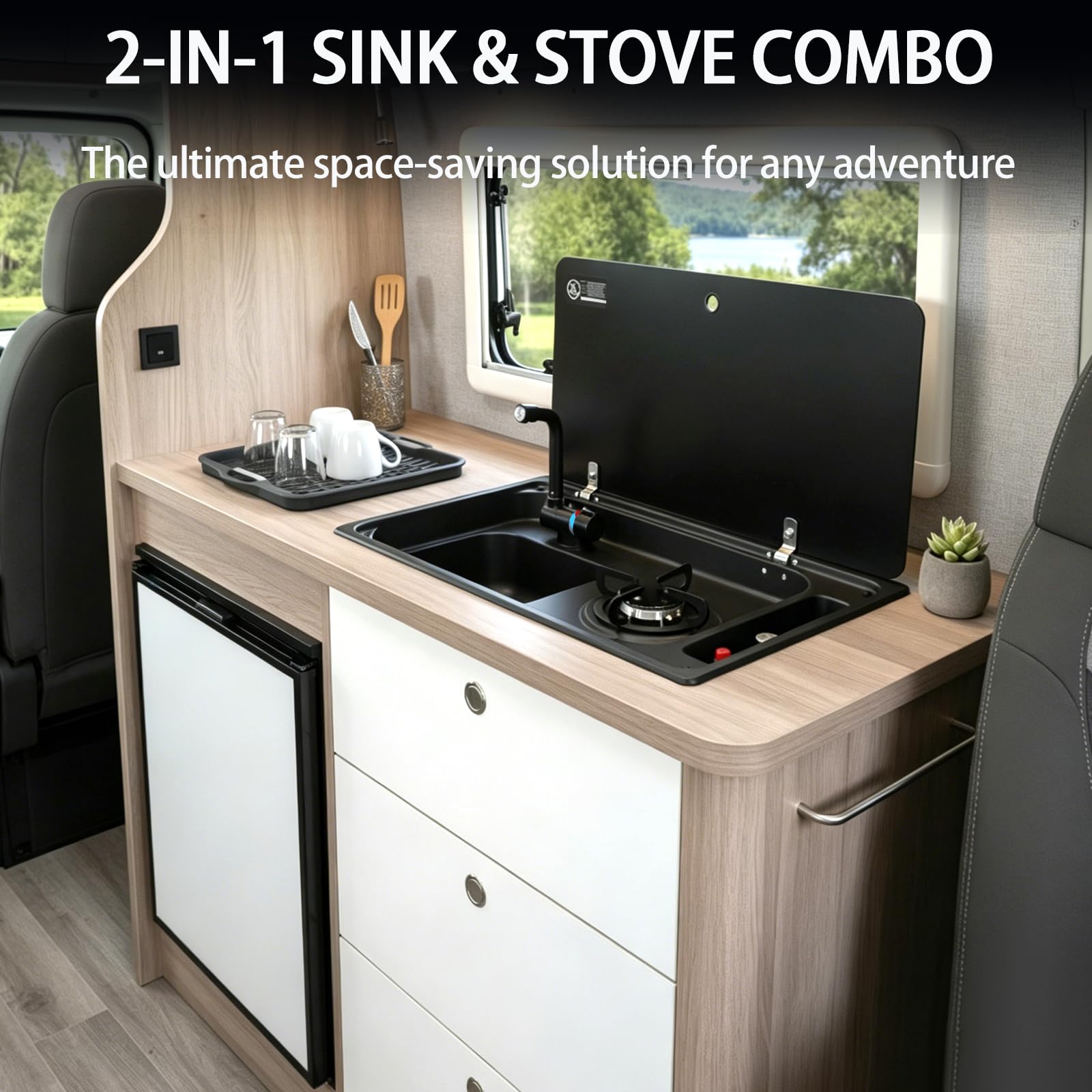 Fornello a gas e lavello per camper combinato con coperchio in vetro temperato in acciaio inossidabile a bruciatore singolo unità da cucina integrata camper barca stazione di lavaggio compatta con
