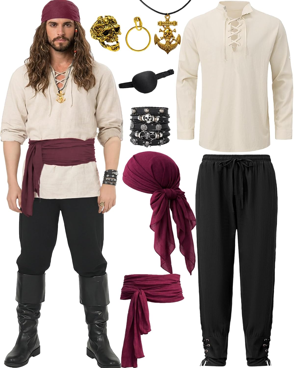 QRT 9PCS Men's Pirate Costume Set,Renaissance Medieval Outfit for Halloween Pirate Party with Viking Pants Shirts Accessories