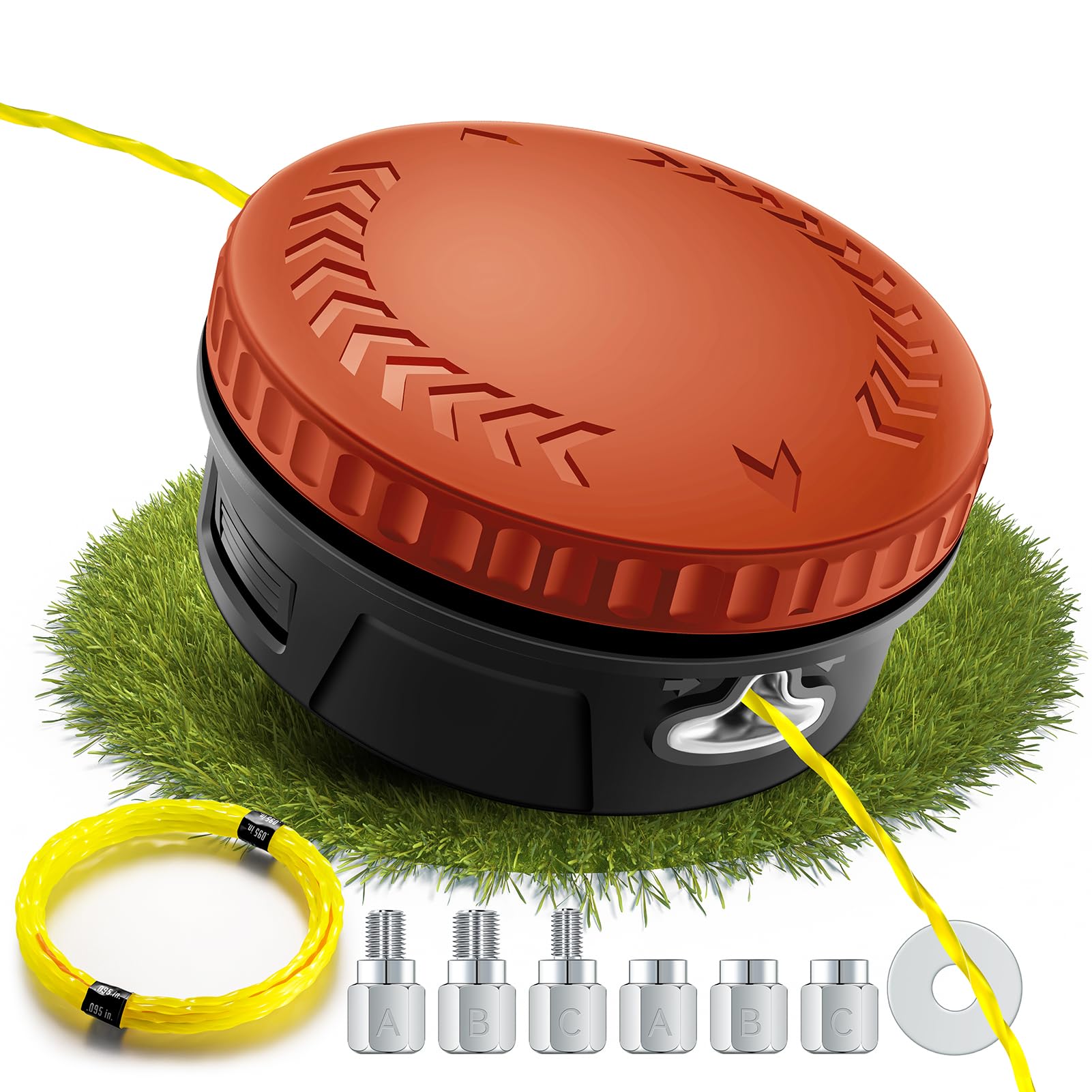 Fadenkopf für Motorsense mit Trimmerfaden,Einfaches Tap & Go System,Universal passende Fadenspule mit 6 Gewindeadapter,für die meisten Akku-Rasentrimmer und Akku-Freischneide (Orange)