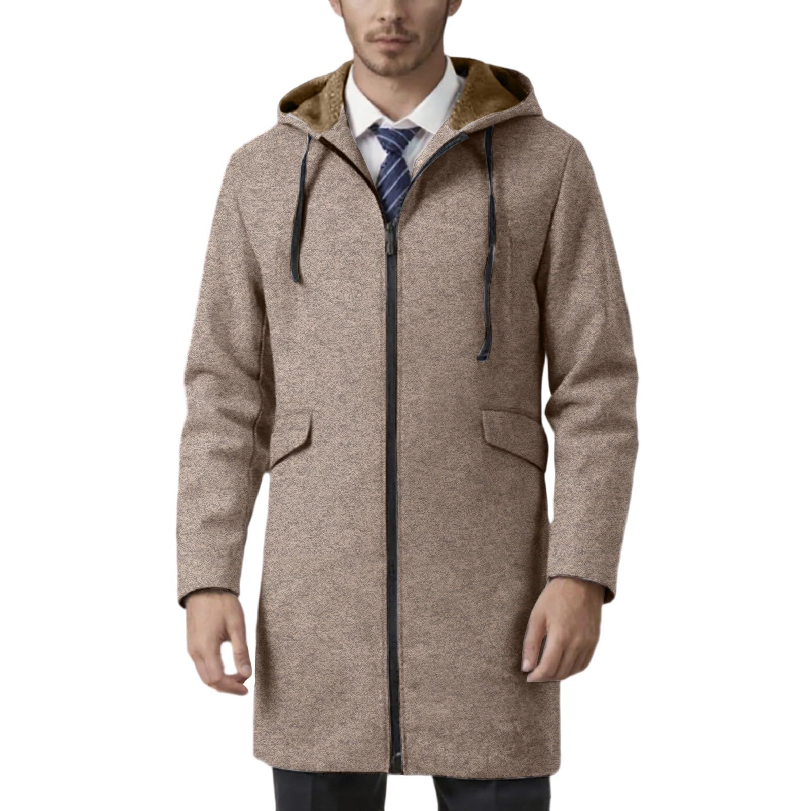 Generisch Trench Coat - Giacca a vento da uomo, lunghezza media, con chiusura lampo, tinta unita, con cappuccio, giacca Causal Coat, antivento, giacca invernale classica, per le mezze stagioni