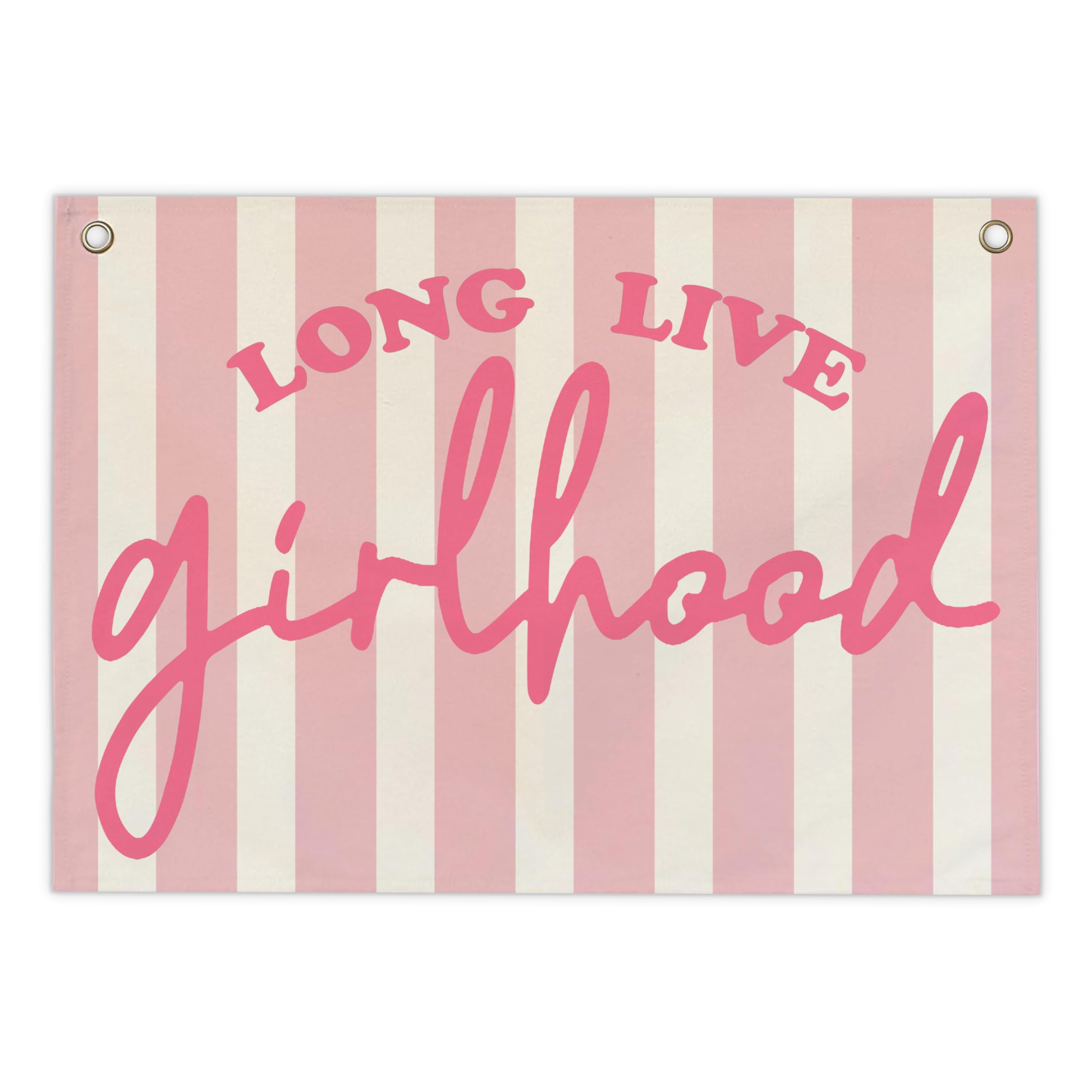WUCHJ Long Live Girlhood Girls Room Wall Hanging Canvas Banner, Preppy Pink Striped Hanging Banner Flag Wall Art for Baby Little Girls Nursery Room Bedroom Dorm Decor, 15.7x11.8 Inch