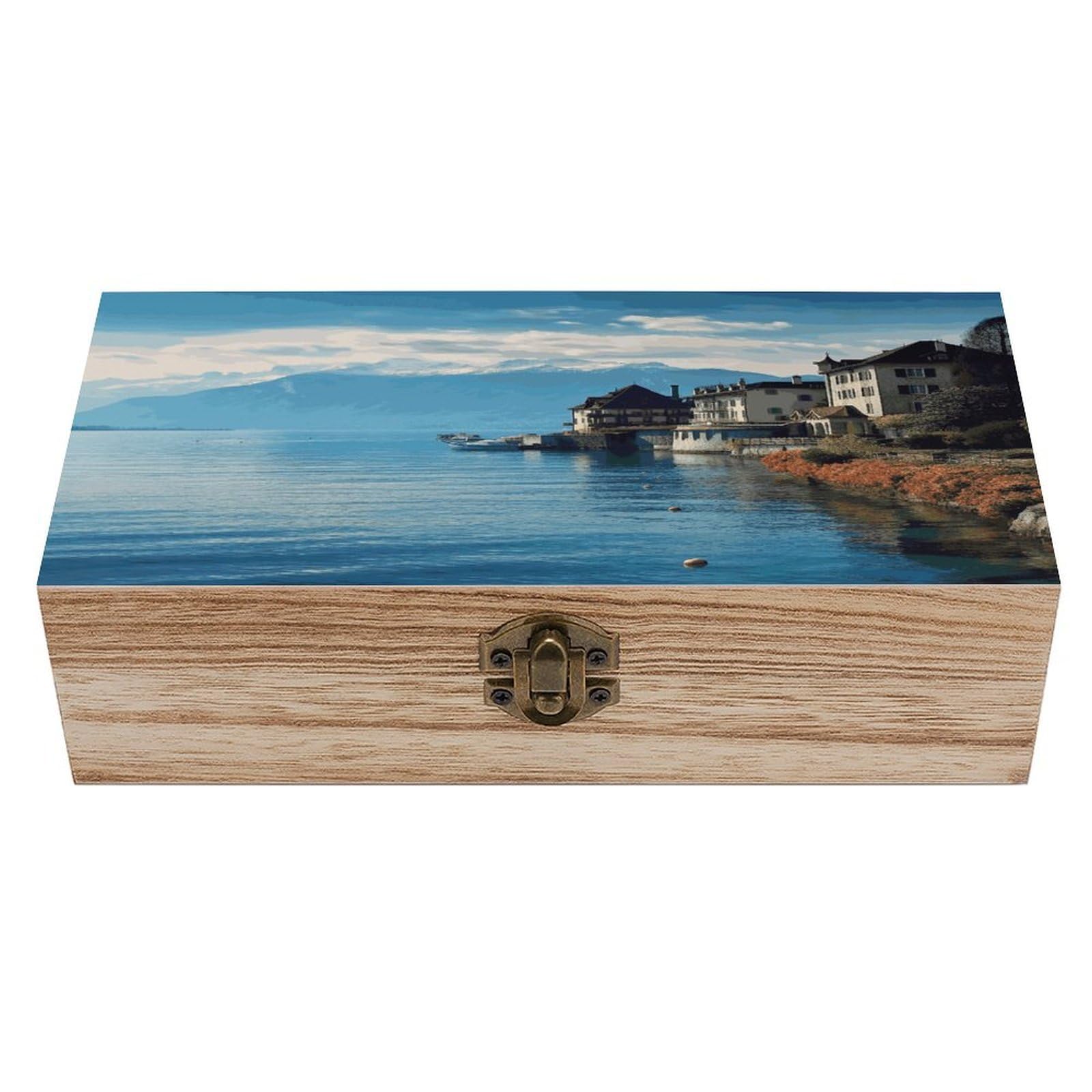 JTREHY Lake Geneva Switzerland Wooden Keepsake Box Vintage-Style Wood Keepsake Case with Hinged Lid Solid Wood Boxes Beautifully Memory Treasure Case Vintage-Style Wooden Storage Box