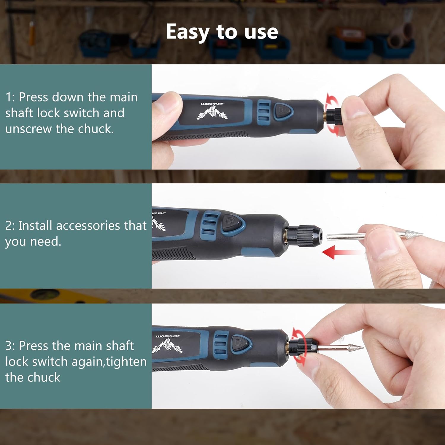 Examples of rotary tool applications: polishing, rust removal, grinding, carving, drilling, cutting
