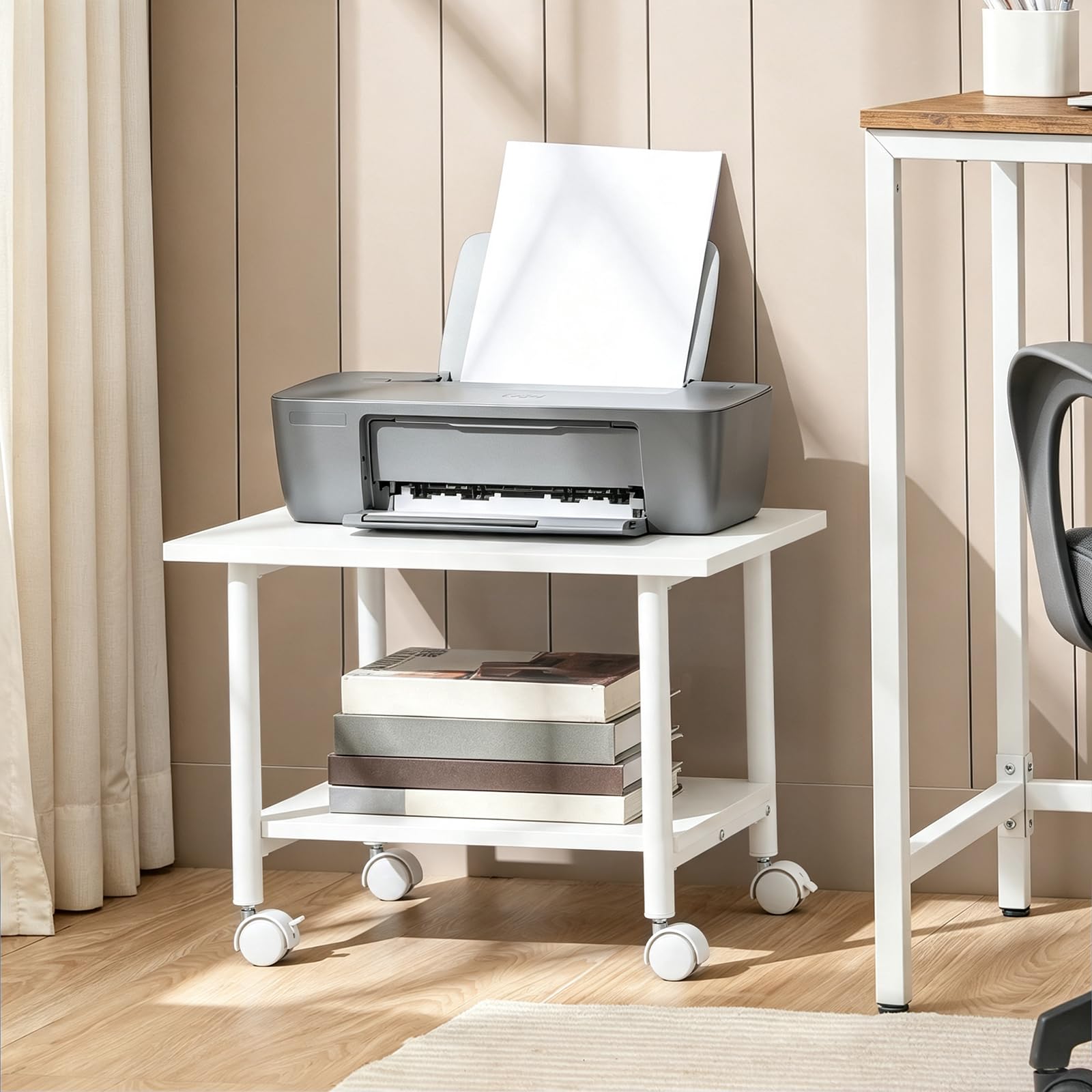 HOOBRO Druckertisch, Druckerwagen mit arretierbaren Rädern Druckerständer rollbar mit 2 Ebenen, Druckerhalter Industrie-Design, Rollcontainer, für Büro, Fax, Weiß