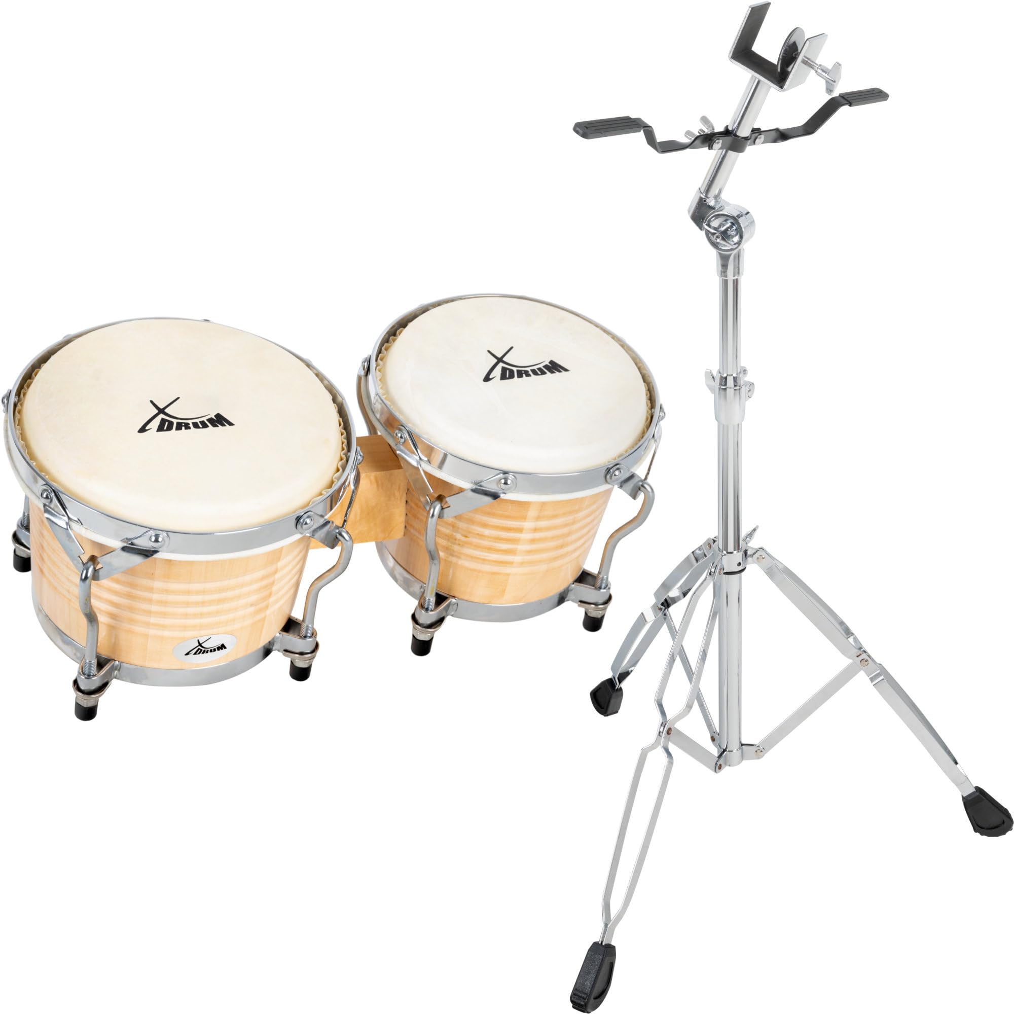 XDrum Bongos Pro Natur - 2 Tamburi con diametro 6,5" (17 cm) e 7,5" (20 cm) - Bonghi con pelli naturali accordabili, chiave di accordatura e supporto - Tamburi in legno color naturale