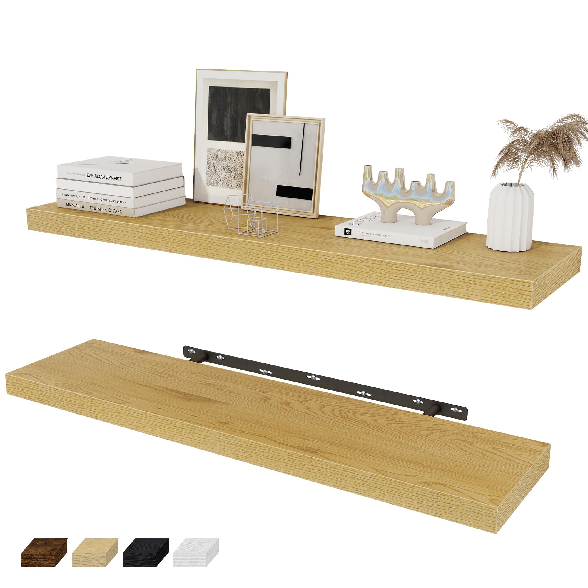Fun Memories 36 x 8 Inch Floating Shelves for Wall, Farmhouse Bathroom Shelves Set of 2, Wood Wall Shelves 36 Inch Long, 36 x 8 x 1.4 Inch, Oak Color