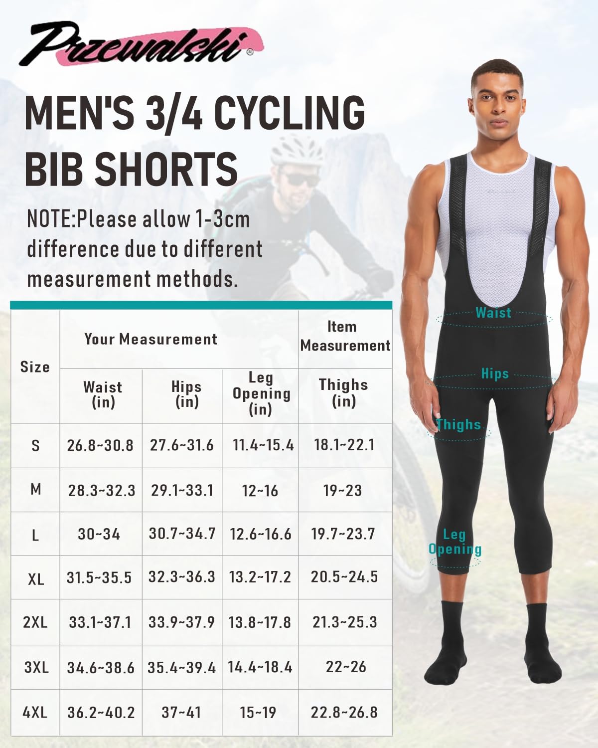 Cuissard à Bretelles Homme 3/4 Rembourré 4D Cyclisme Vélo Route VTT