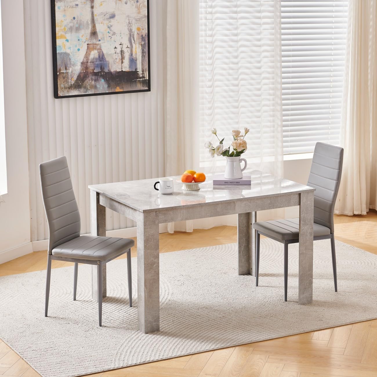 Homullel 120cm Glossing Dining Table and 2 Chairs, 2 Seater Kitchen Table and Chairs Set for Space Saving, Compact Dining Room Set for 2, 120x80 cm, Wooden, Beton Grey (2 Seaters, Faux Leather Grey)