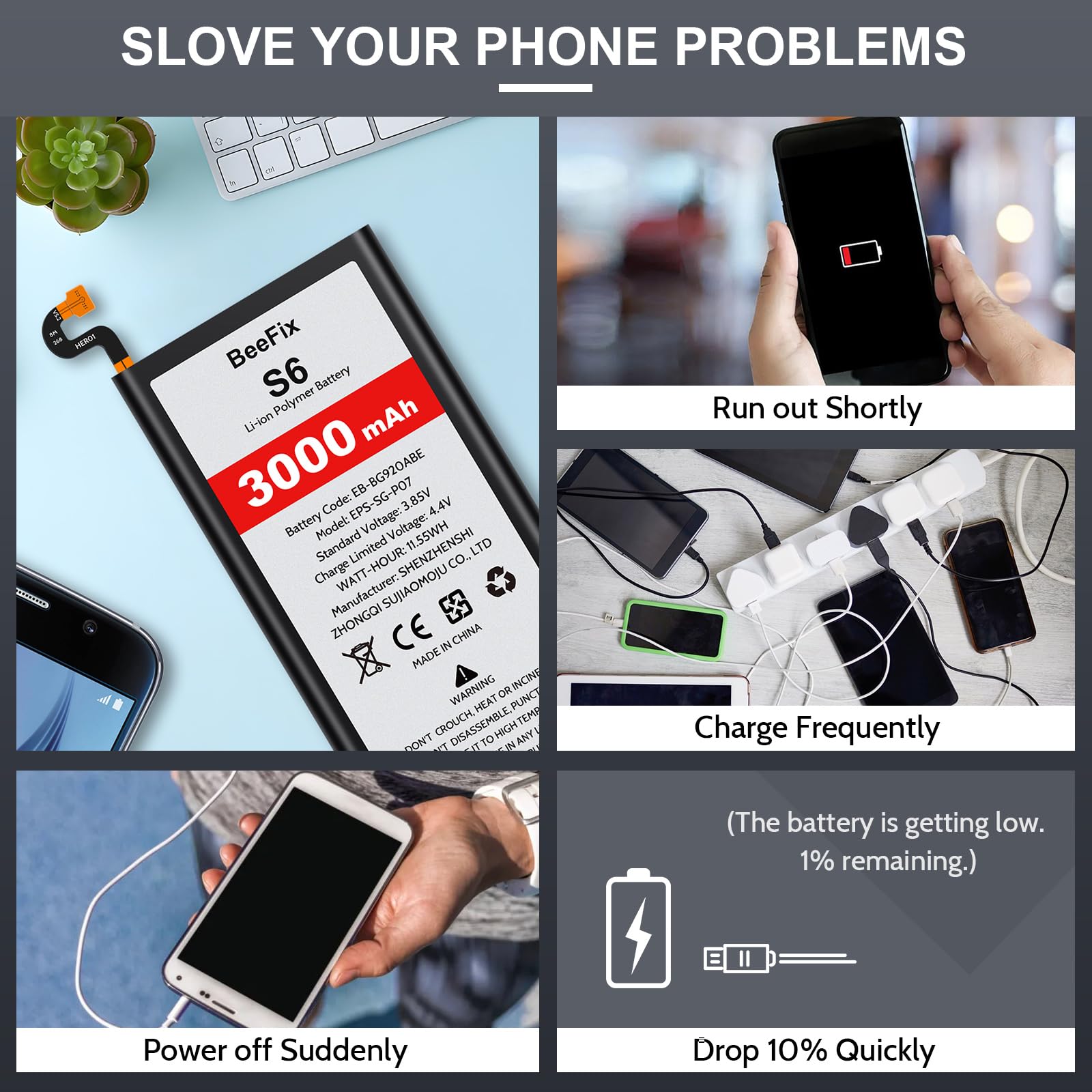 Batteria per Samsung Galaxy S6 (SM-G920, G920V, G920T, G920A, G920P, G920I, G920F, S906L), 3000 mAh ad alta capacità per Galaxy S6(EB-BG920ABE) con strumenti di riparazione professionali