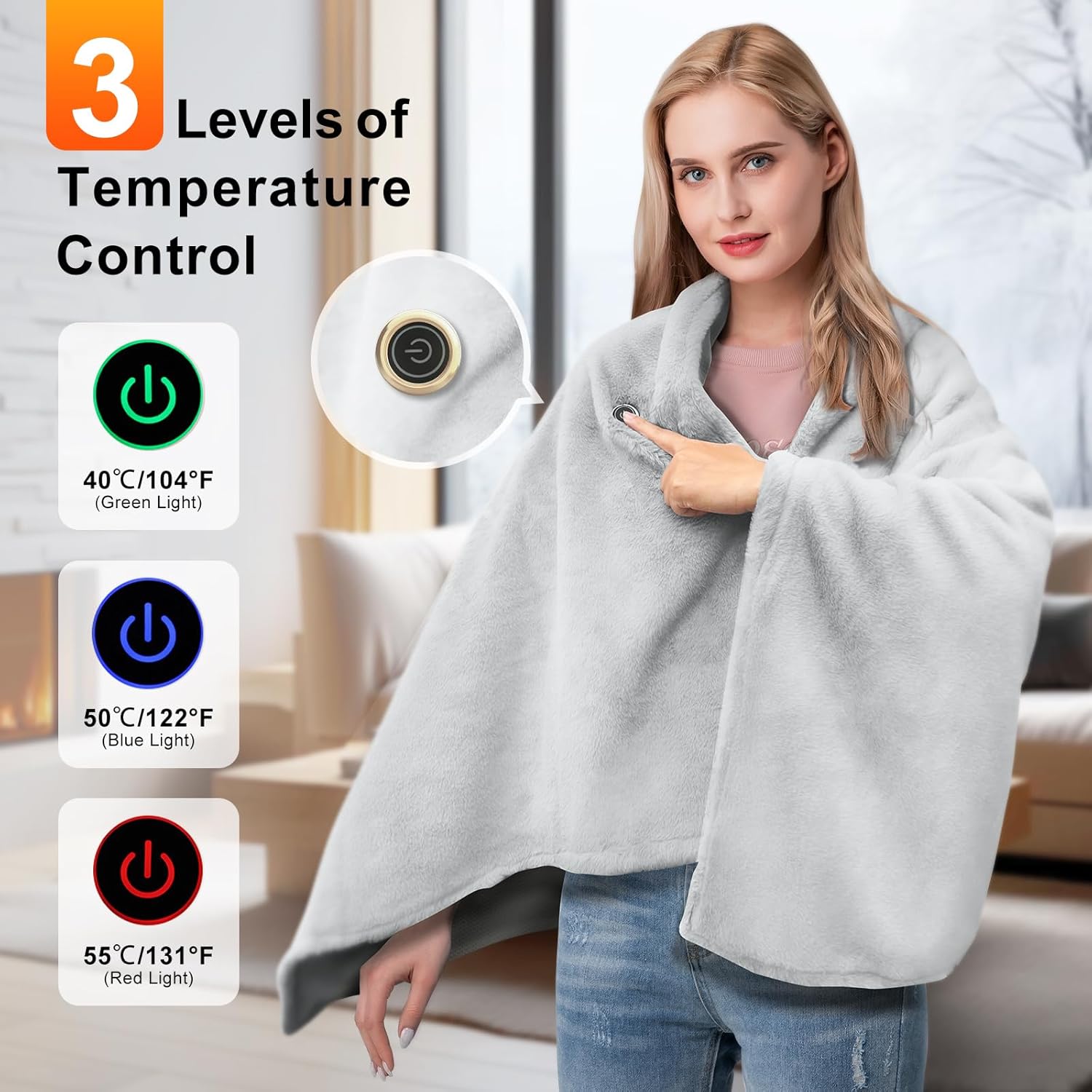 USB Electric Heated Shawl,Portable Cordless Heated Throw Blanket,3 Heat Settings,Heated Shawl Poncho Wrap Blanket with Zipper,for Outdoor,Car,Travel,Camping,Machine Washable(Battery Not Included) - Image 3