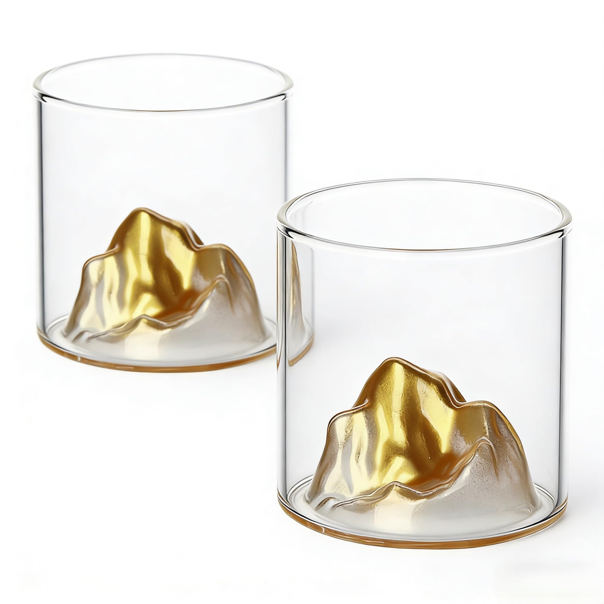 RYHMHA Japanese Fujiyama Whiskey Crystal Glasses 2 Pcs Set, 12 oz Glasses for Whiskey, Cognac, Scotch, Cocktail, Rum, Beer (Golden Mountain)