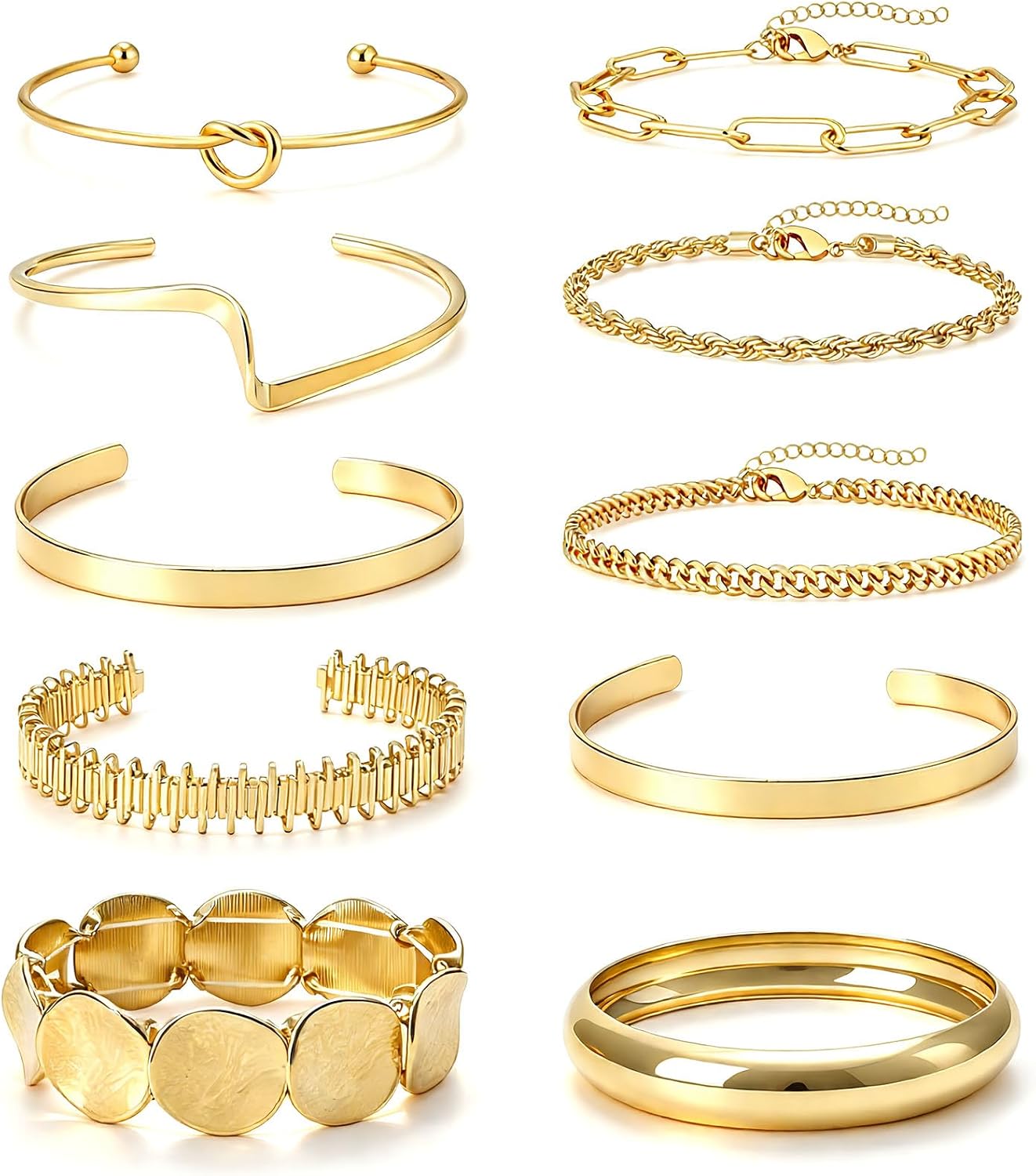 NEWITIN 10 Pieces Gold Bangle Bracelets for Women Multi Layer Stackable Bangle Set 14K Gold Plated Boho Bracelet Set Cuban Rope Paperclip Chunky Cuff Bracelets for Women