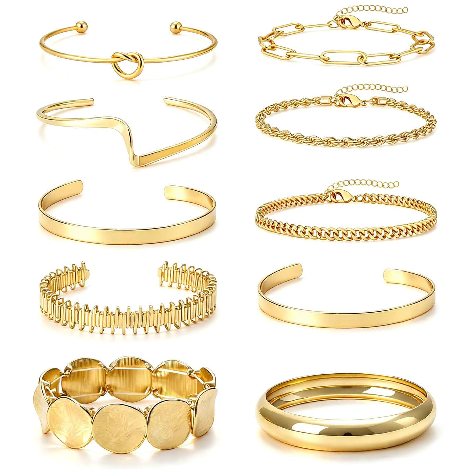 NEWITIN 10 Pcs Gold Bangle Bracelets for Women Stackable Cuff Bracelets Set 14K Gold Plated Bracelet Set, Cuban Rope Paperclip Chunky Cuff Bracelets for Women, Stackable Layered Boho Statement Jewelry