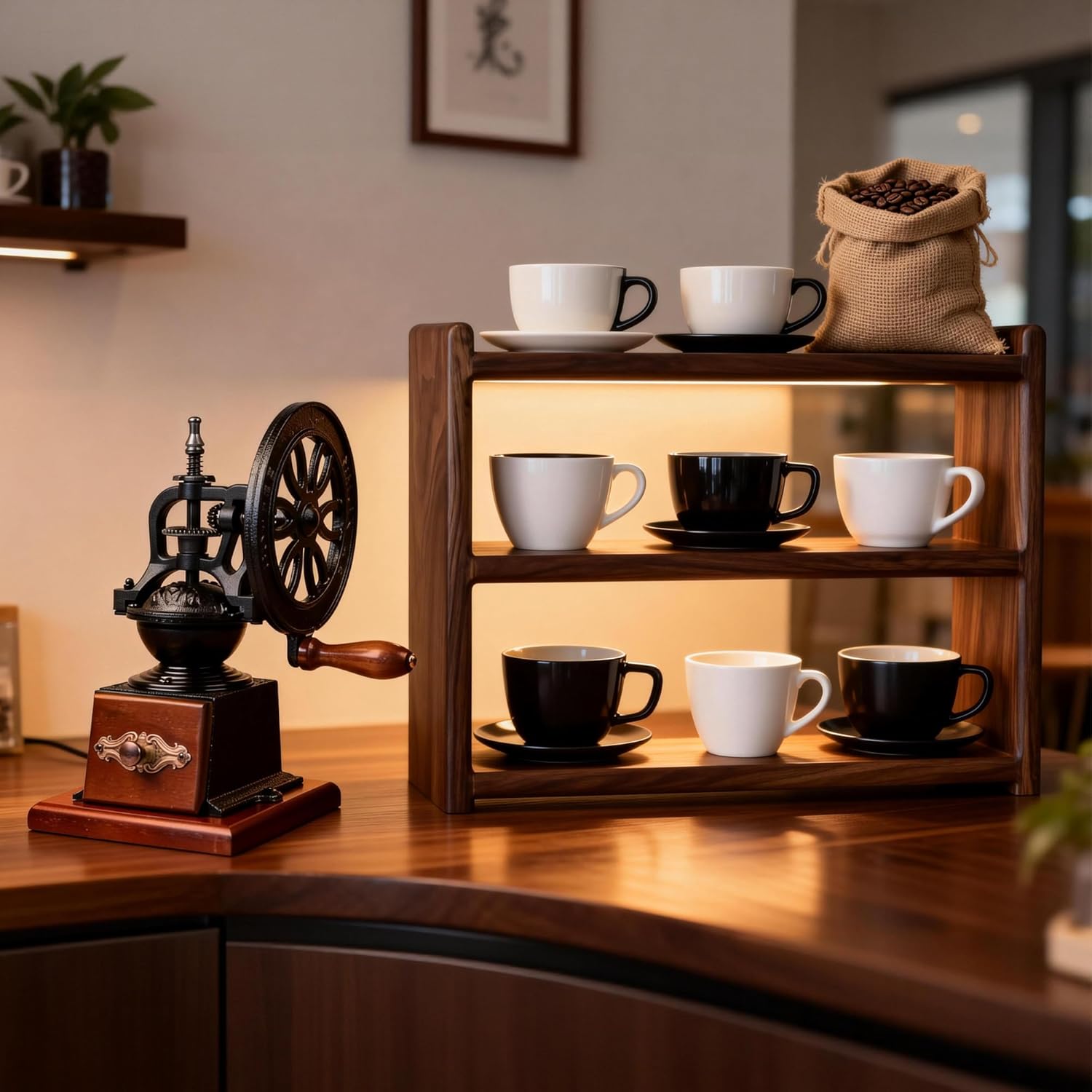 Solid Black Walnut Wood Coffee Mug Display Shelf Cup Holder Countertop Kitchen Storage Shelf Spice Jar Organizer, for Home Office Coffee Station Bar (Large)