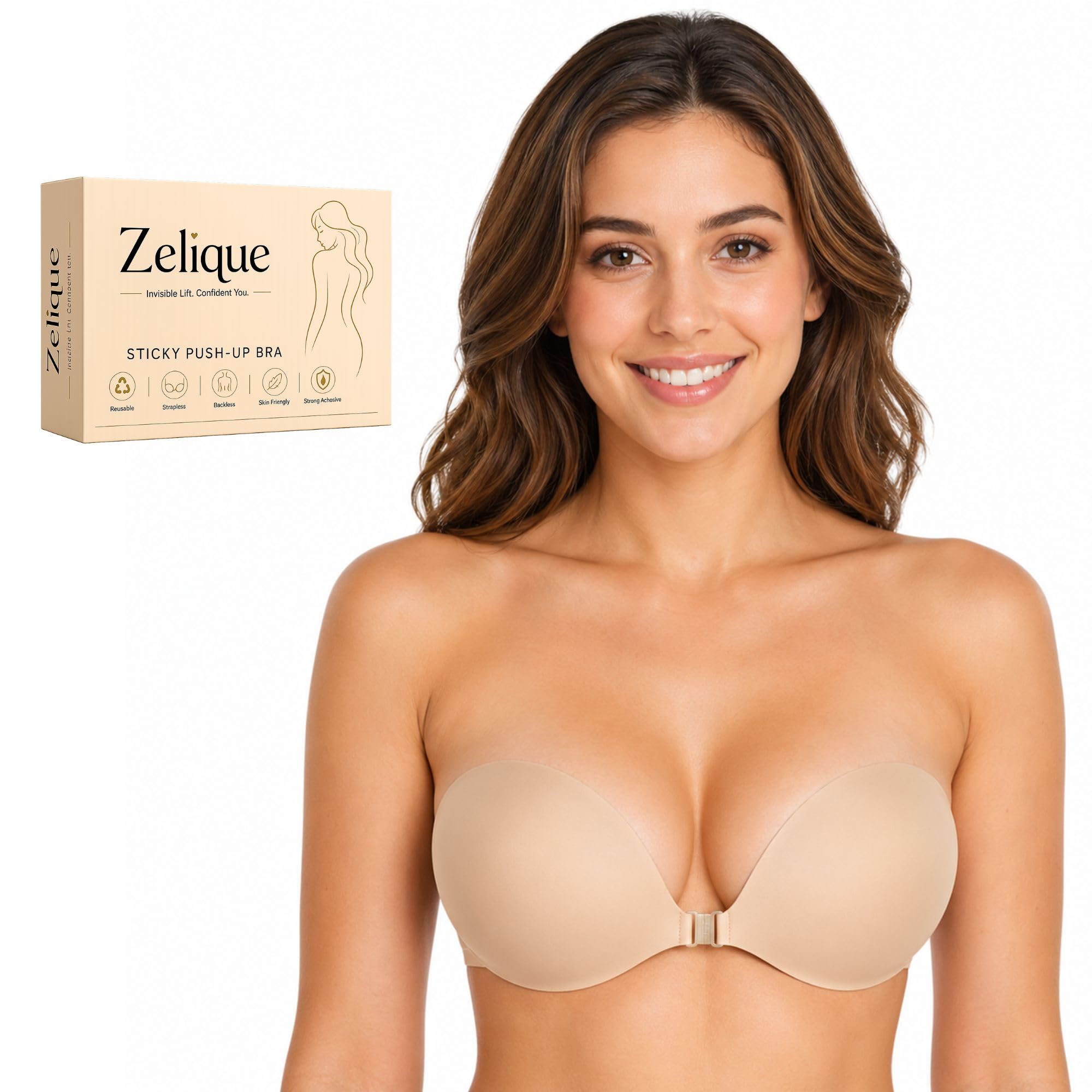 Strapless Adhesive Bra for Women, Reusable Stick On Push Up Bra, Invisible Backless Silicone Bra with Front Closure, Skin Friendly, Beige, Size B-picture-17