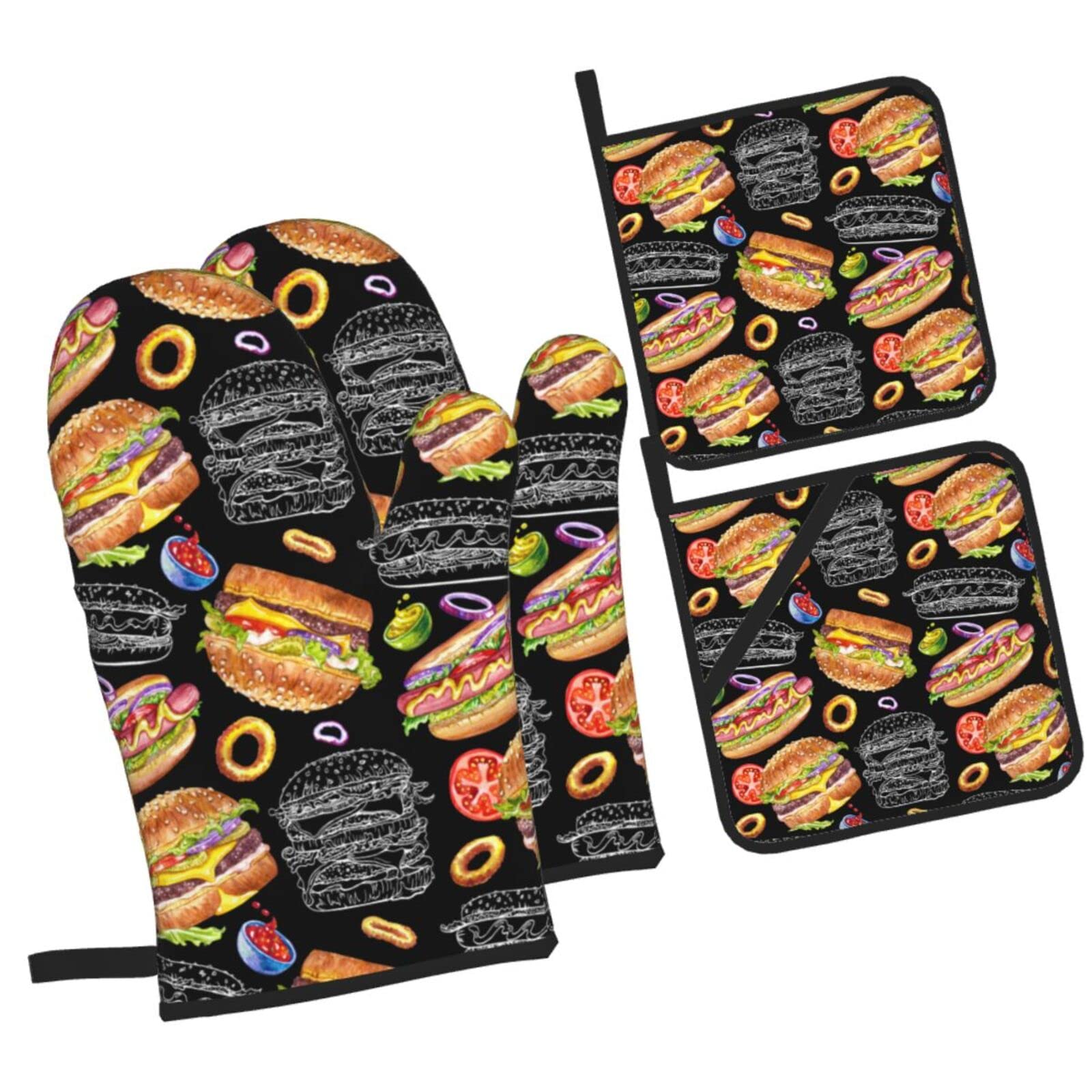 Burger On Black Background Oven Mitts and Pot Holders Sets, Christmas Oven Mitt Kitchen Heat Resistant Non-Slip Pot Holders Set for Cooking Baking BBQ