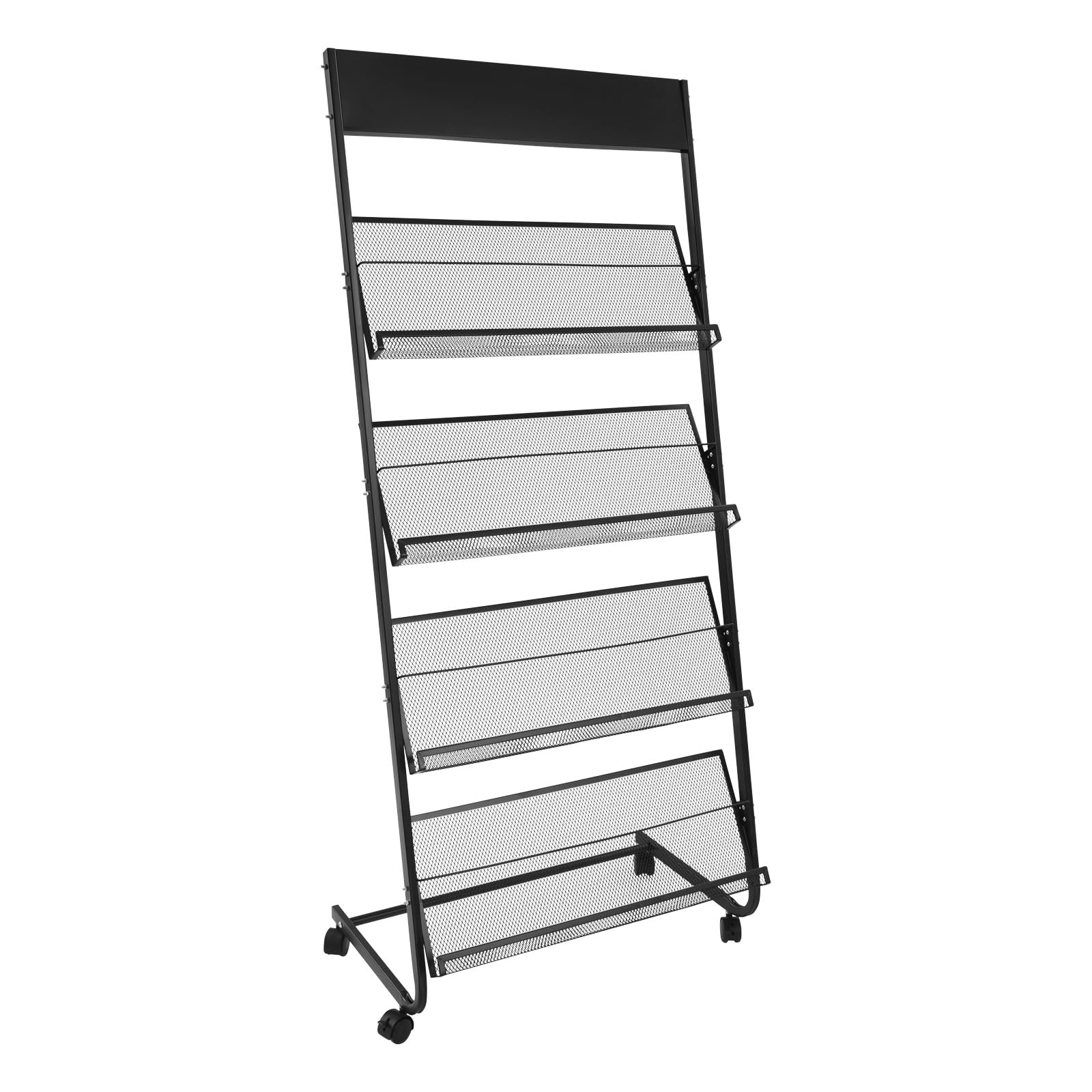 Portariviste a 4 livelli, supporto per letteratura da terra con 4 ruote, espositore per ufficio, biblioteca e reception, acciaio, portariviste A4, portariviste (nero)
