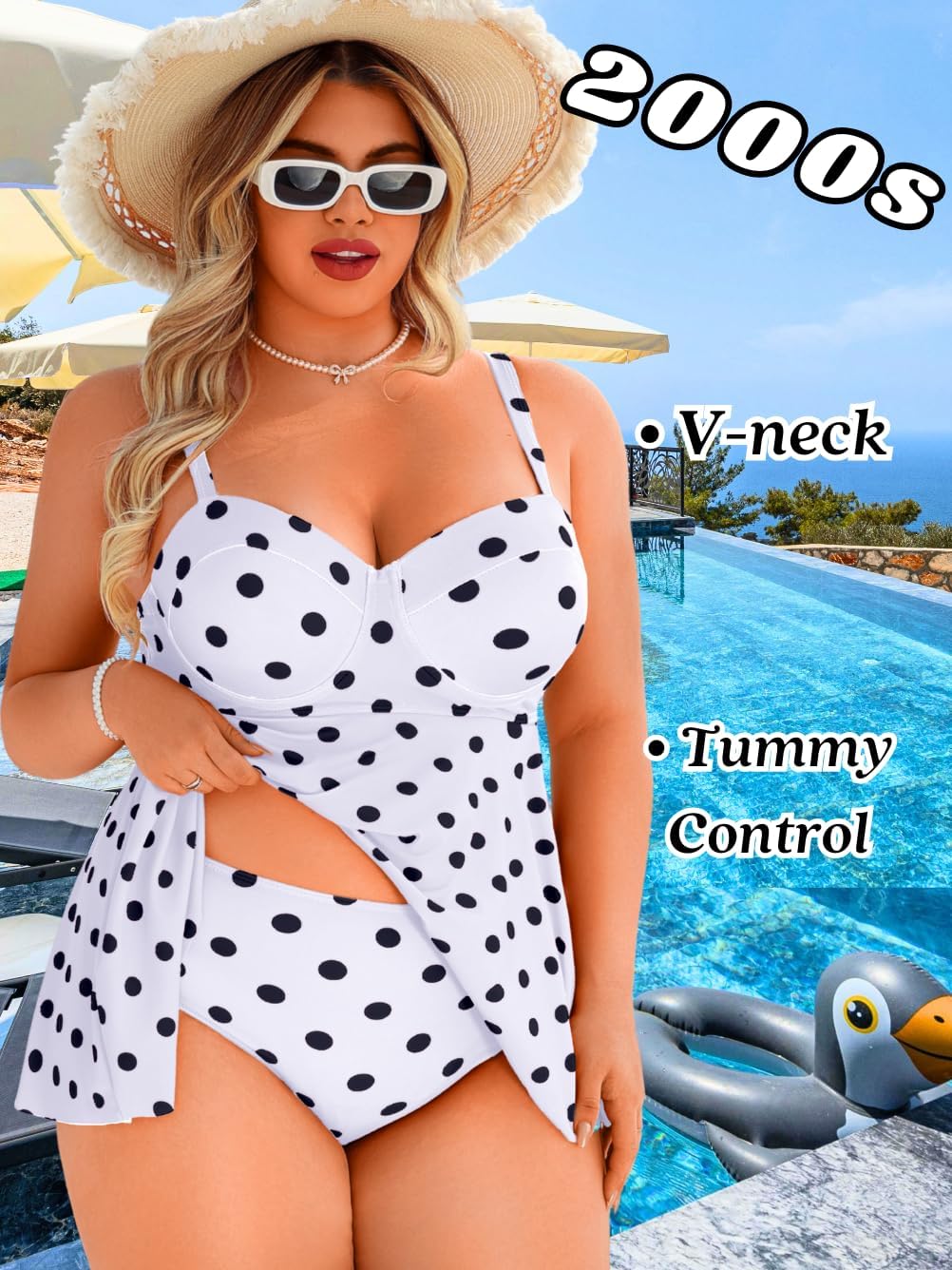 ChiaoLezhee Women's Plus Size Polka Dot Tankini Set - Tummy Control Underwire Full Bottom 2 Piece Swimsuit Sizes 10W-20W