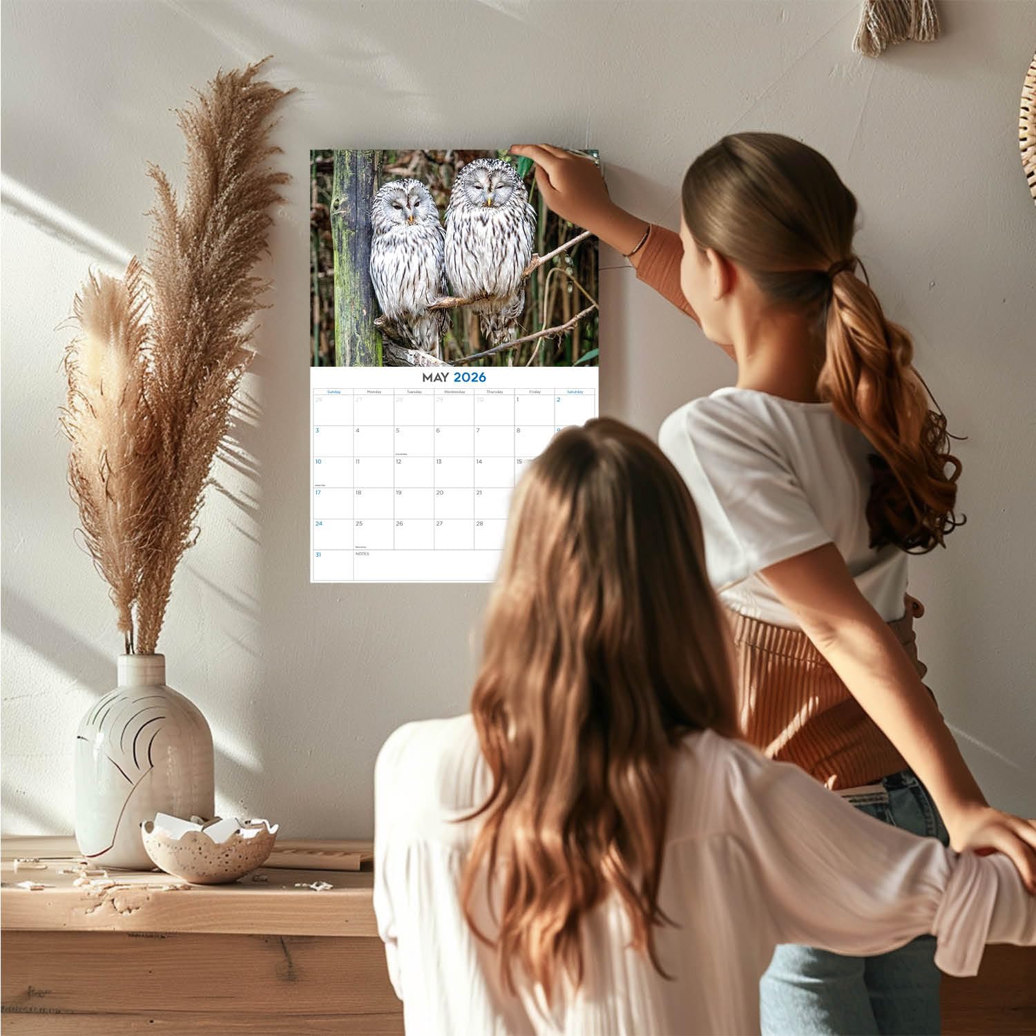 Kalendarz 2024 2025 sowy - miesięczny kalendarz ścienny z ptakami - 30 x 45 cm otwarty - gruby papier bez przebarwień - prezent - akademicki planer nauczyciela kalendarz organizowanie i planowanie