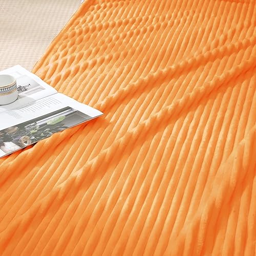 Miniatura 6 de Vessia - Manta de franela y vellón tamaño King (108x90 pulgadas), 300GSM, manta naranja a rayas para adultos, súper suave, cálida, acogedora,