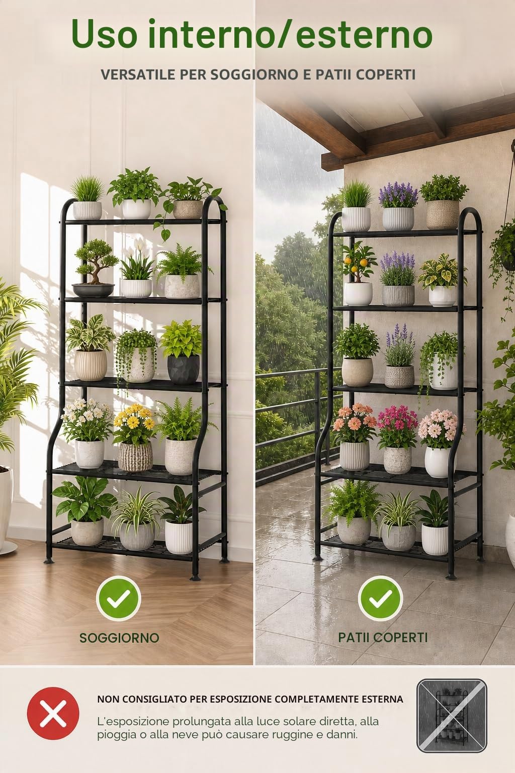 Supporto per piante in metallo a 5 livelli, resistente, per interni ed esterni, per vasi multipli, supporto verticale alto 165,1 cm, con piedini di livellamento regolabili e kit di fissaggio