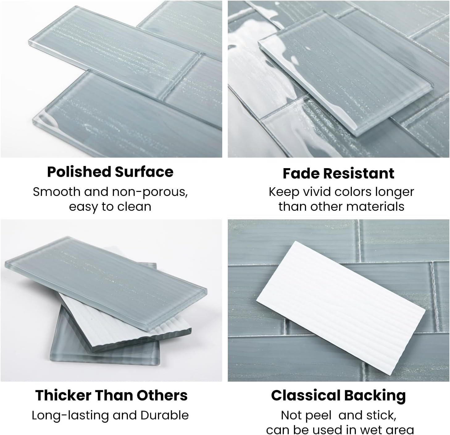 Glass Subway Tiles, 3 x 6 Inch, Gray Glass Tiles for Backsplash, Bathroom Shower Wall, Pack of 32 Pieces