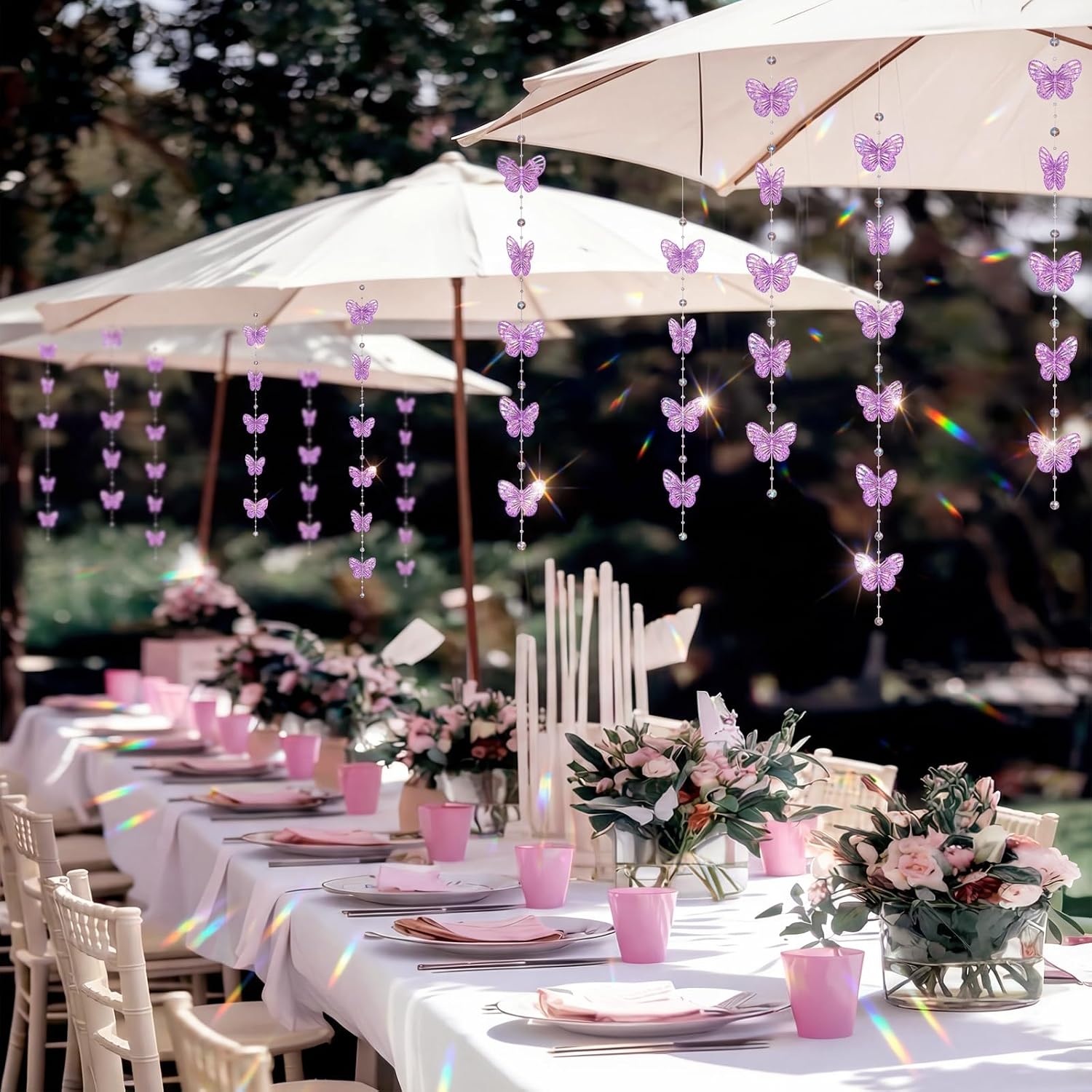 3D Purple Butterfly Decorations 32ft Butterfly Hanging Garlands Plastic Crystal Beads Butterflies Room Decor for Girls Wedding Birthday Baby Shower Holiday Party Decorations